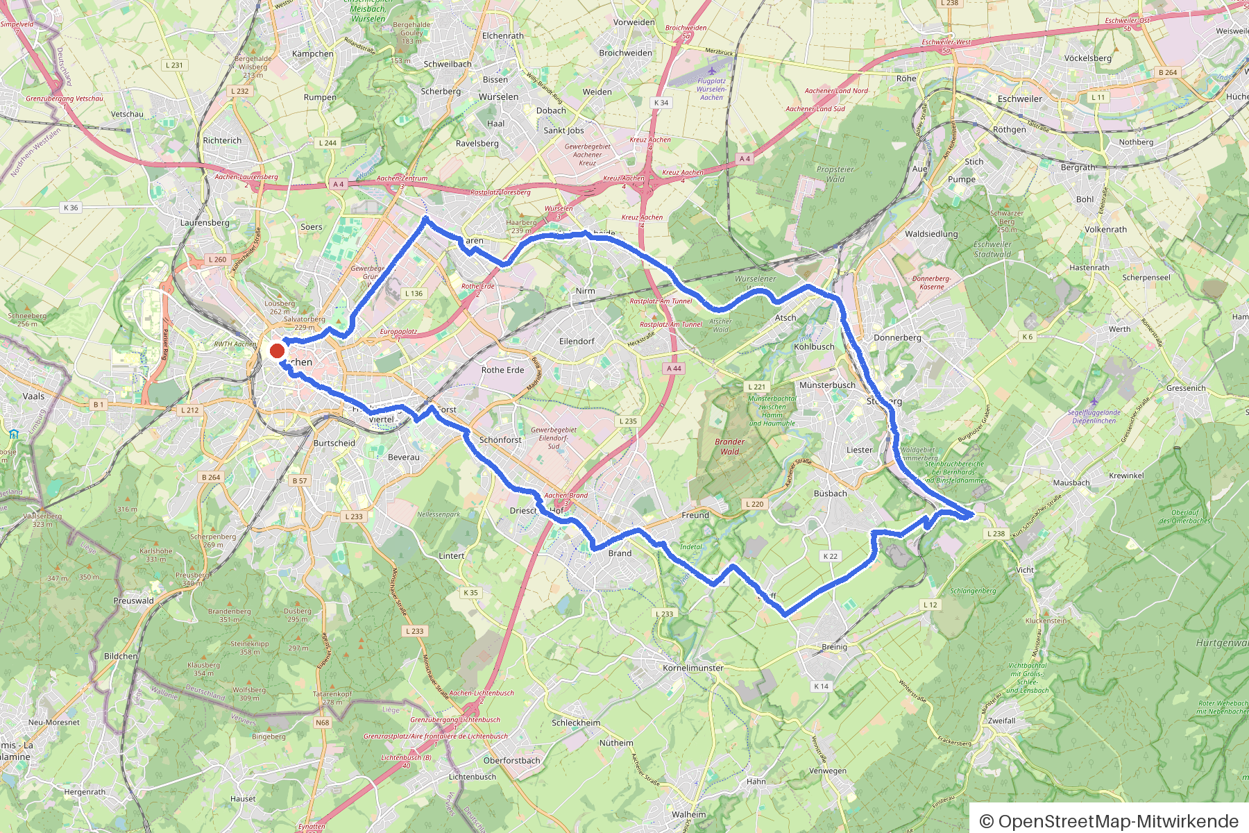 Kartenbild der Rundtour Aachen, Wurmtal und vier Brücken: Routenverlauf ab Aachen