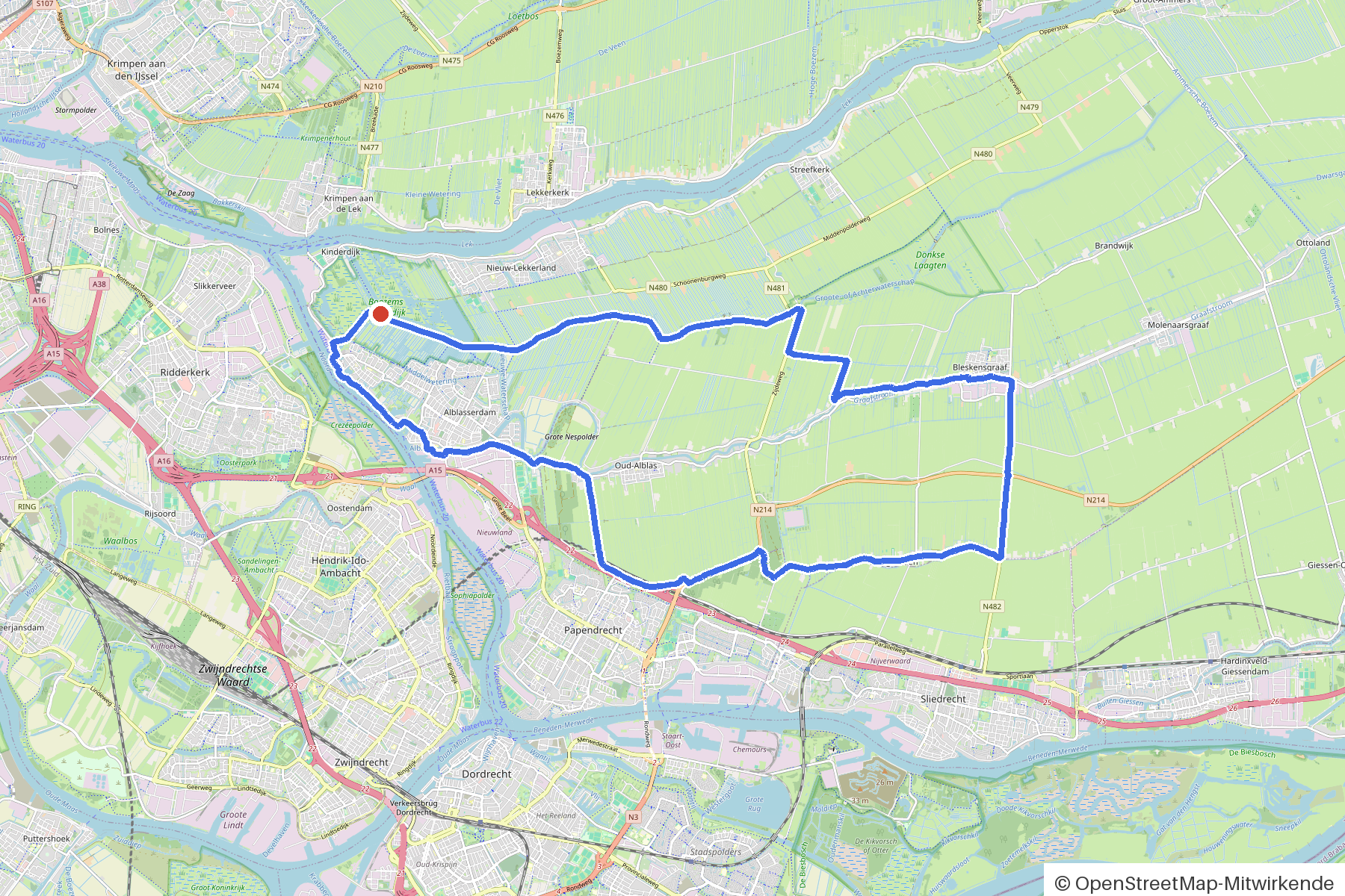 Kaartbeeld van het rondje Alblasserdam, Kinderdijk en elf molens: routeverloop vanaf Alblasserdam