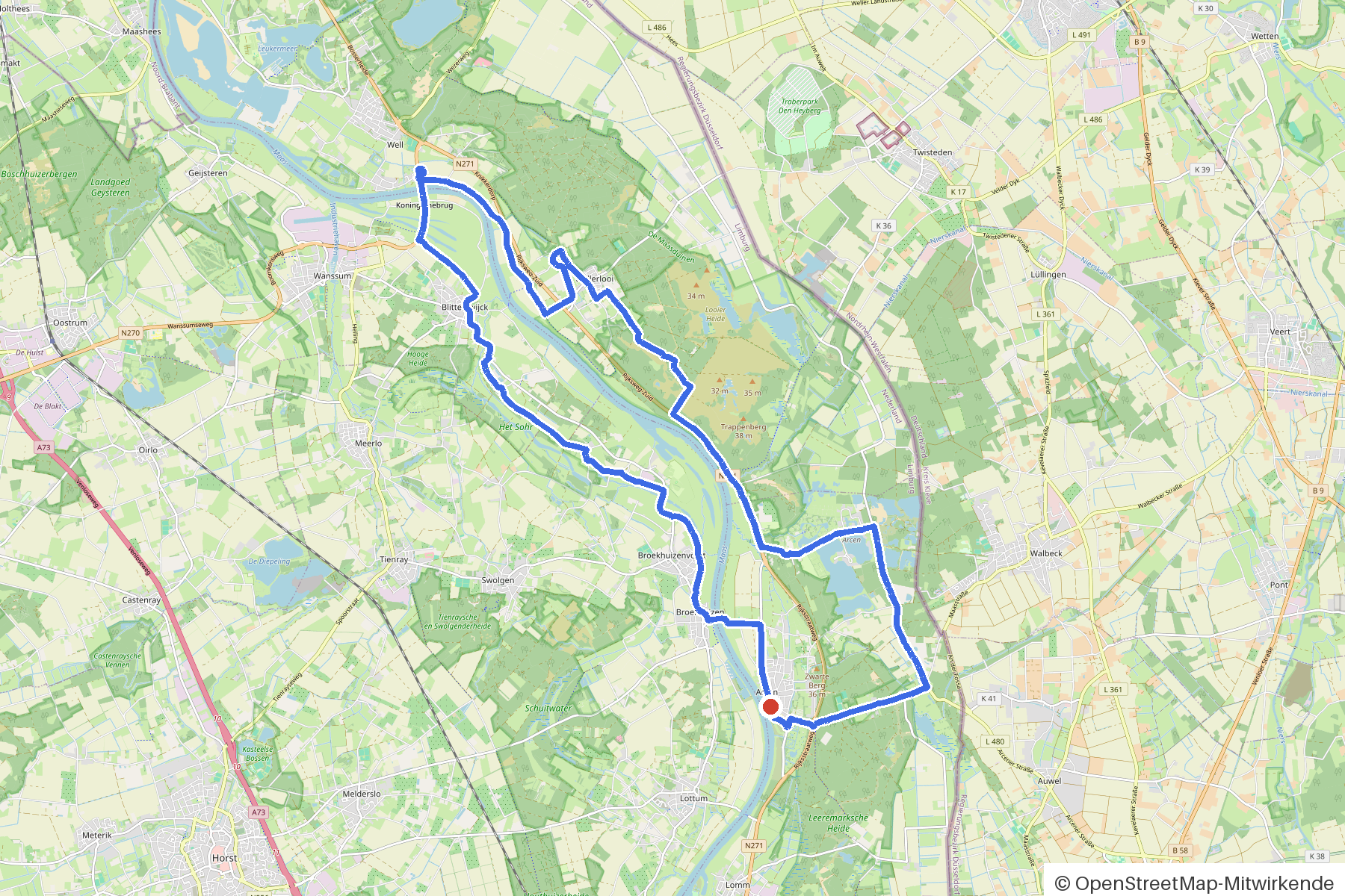 Kaartbeeld van het rondje Arcen, Maas en Kasteel: routeverloop vanaf Arcen