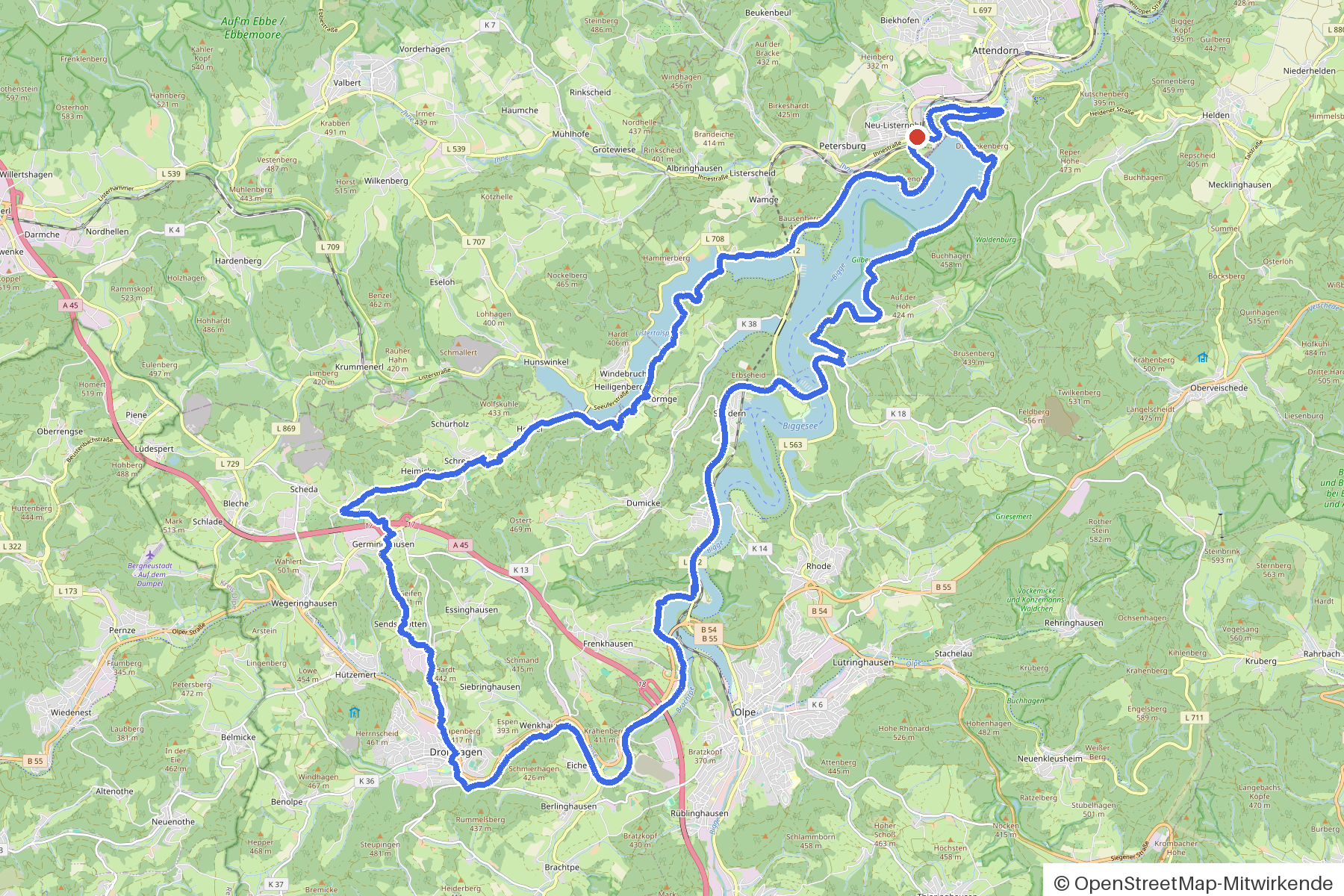 Map of the loop Attendorn, Biggesee and six bridges: route from Attendorn
