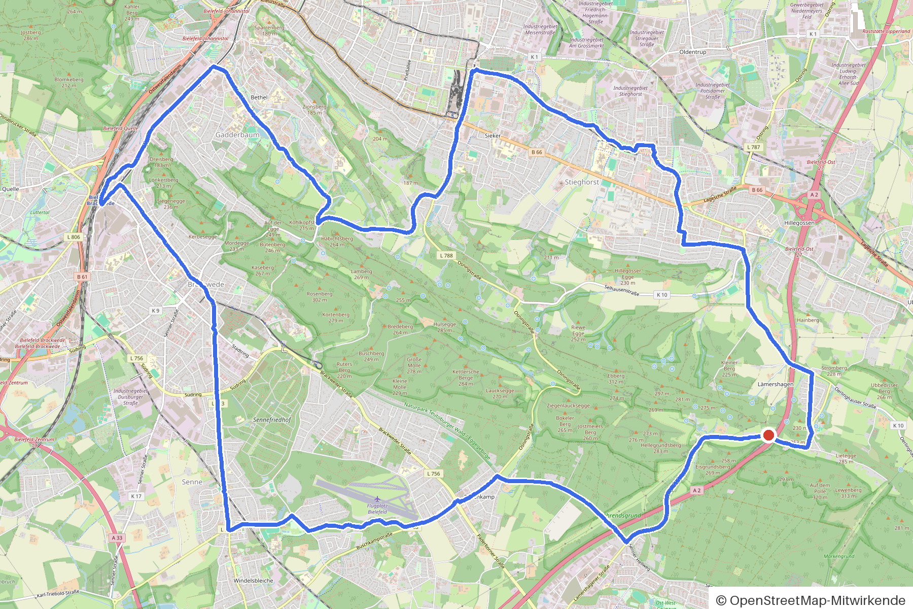 Kartenbild der Rundtour Bielefeld, Parks und Bachquerungen: Routenverlauf ab Bielefeld