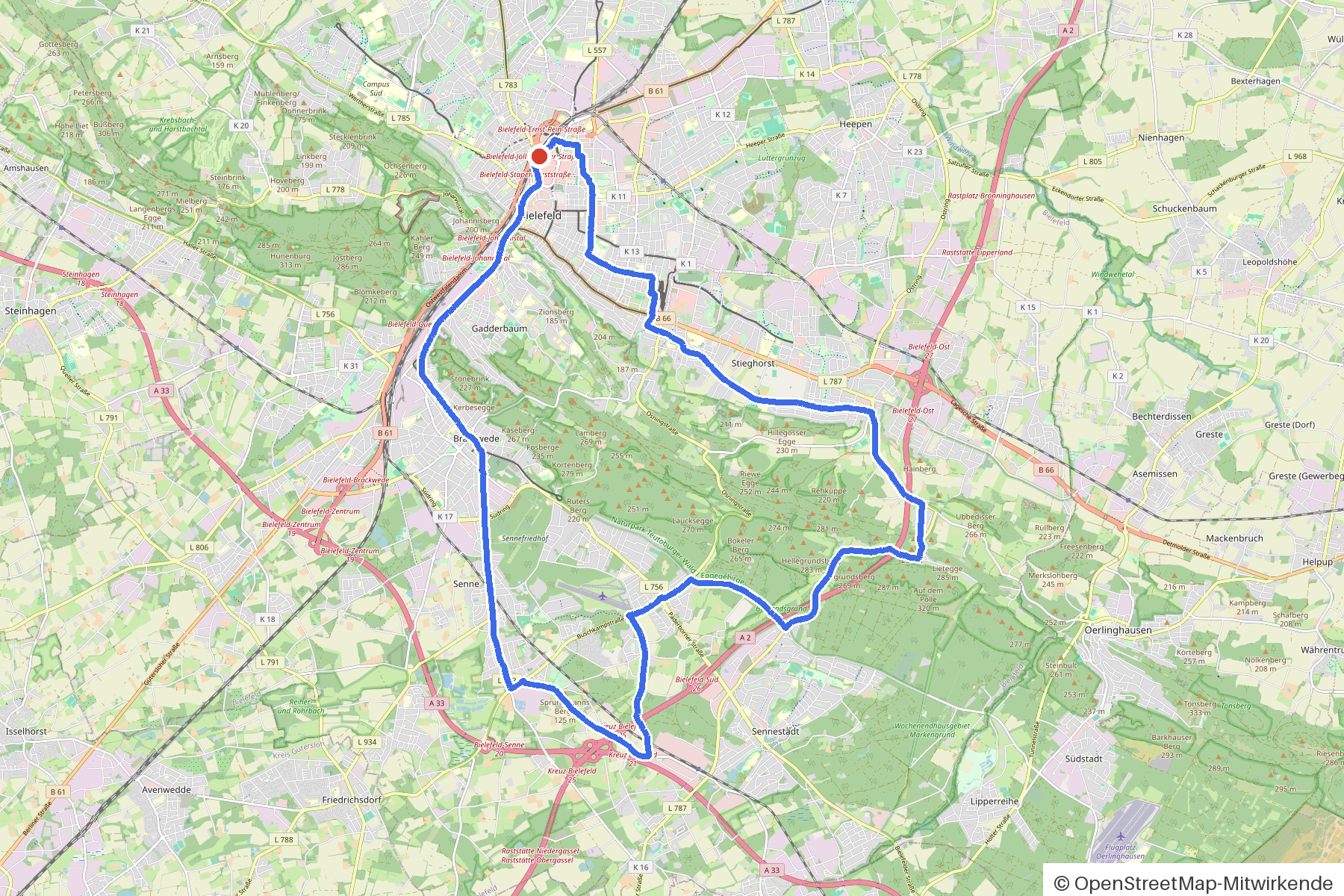 Kartenbild der Rundtour Bielefeld, Teutoburger und Bäche: Routenverlauf ab Bielefeld