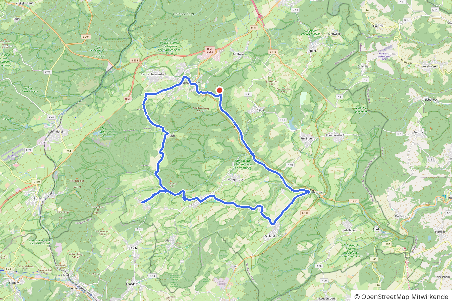 Kartenbild der Rundtour Blankenheim, Ahr und Eifelmuseum: Routenverlauf ab Blankenheim