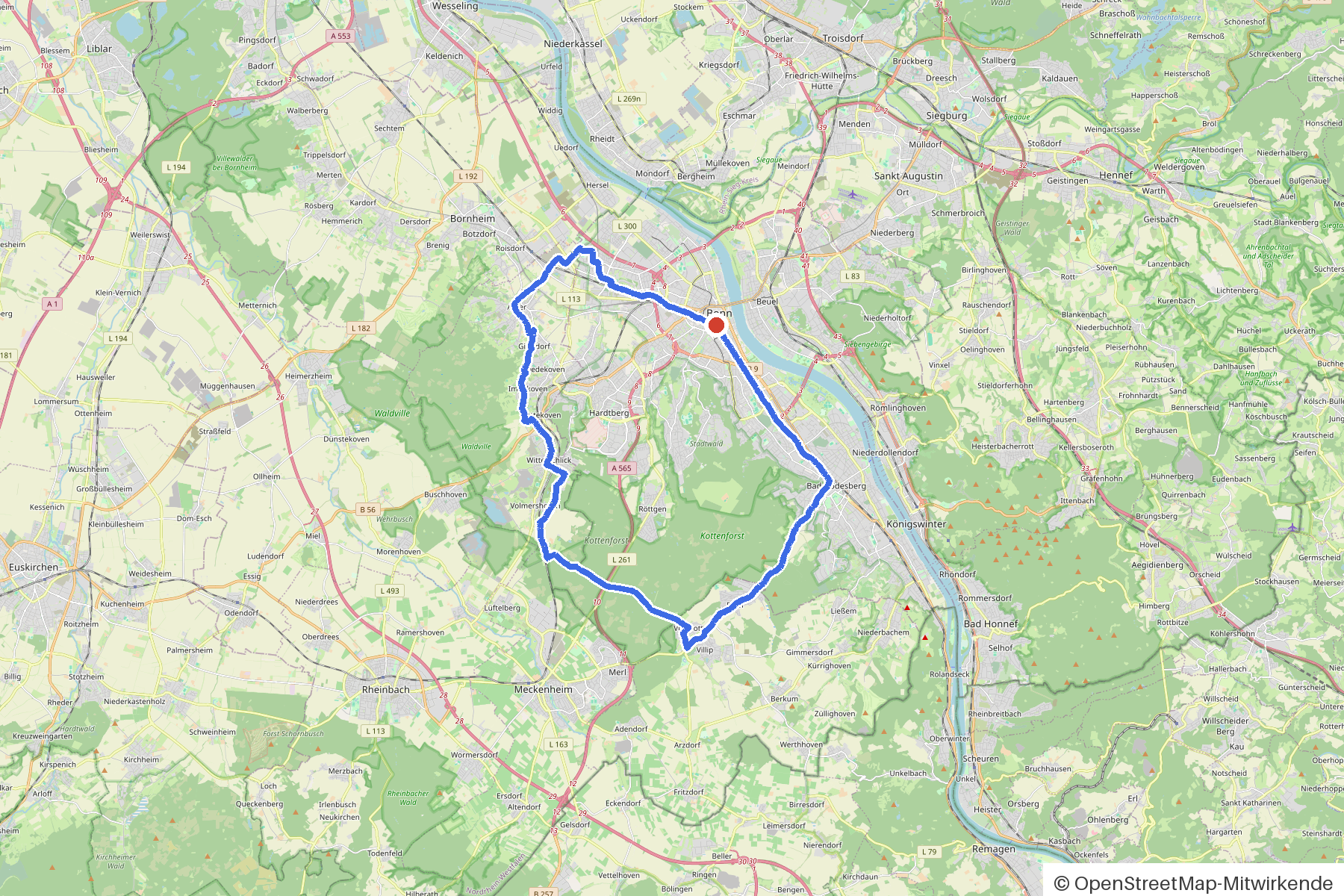 Kartenbild der Rundtour Bonn, Rheinschiene und Bäche: Routenverlauf ab Bonn