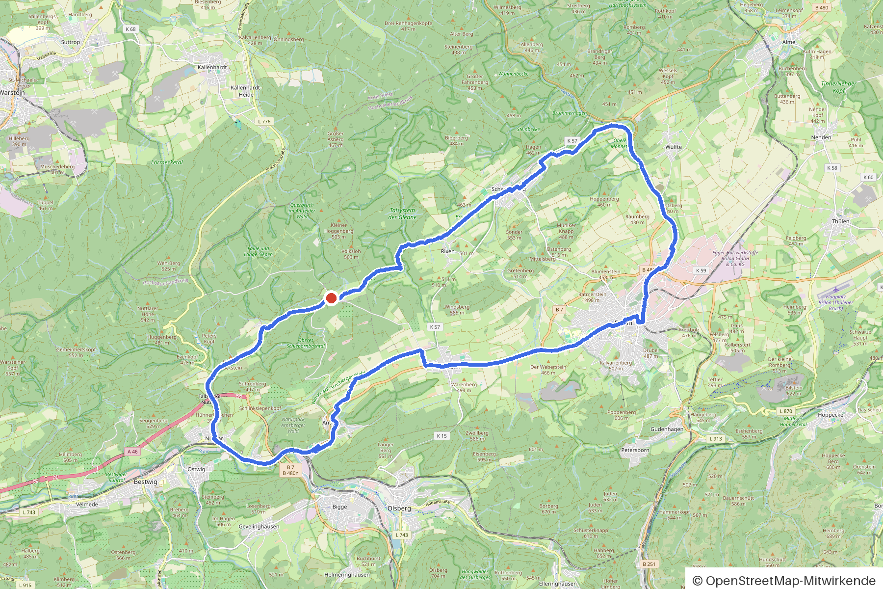 Map of the loop Brilon uplands with Glenne and Möhne: route from Brilon