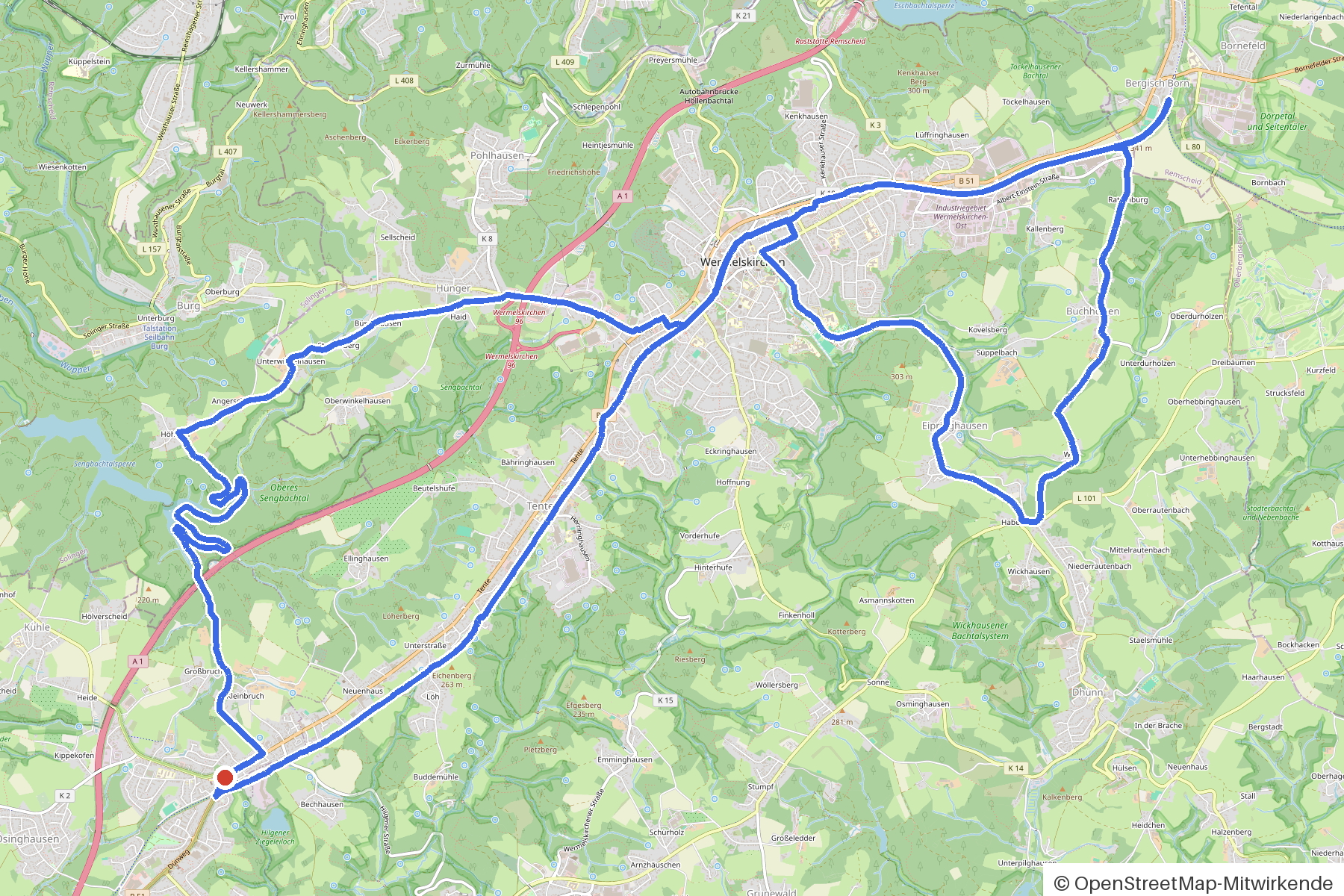 Map of the loop Burscheid, streams and churches: route from Burscheid