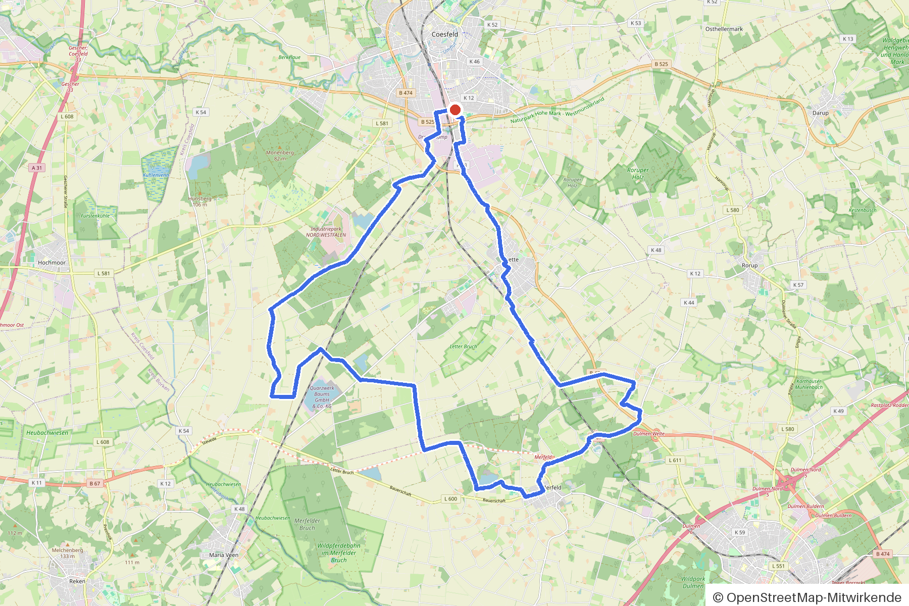 Kartenbild der Rundtour Coesfeld, Baumberge und vier Brücken: Routenverlauf ab Coesfeld
