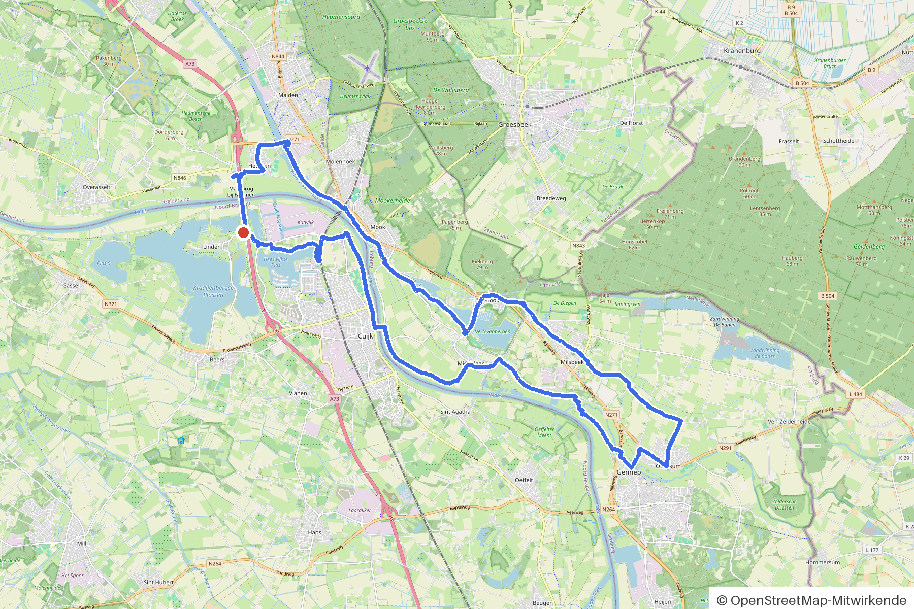 Map of the loop Cuijk, Maas and five bridges: route from Cuijk