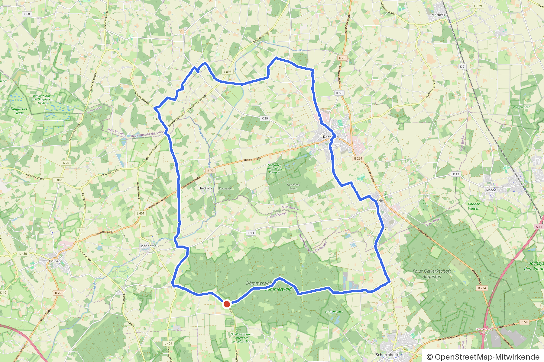 Kartenbild der Rundtour Dammerwald, Issel und Mühlenbach: Routenverlauf ab Dammerwald