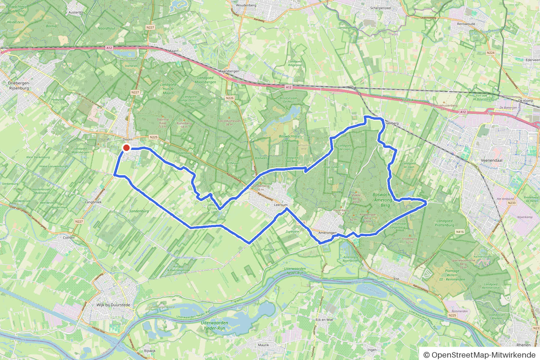 Kaartbeeld van het rondje Doorn, bos en kastelen: routeverloop vanaf Doorn