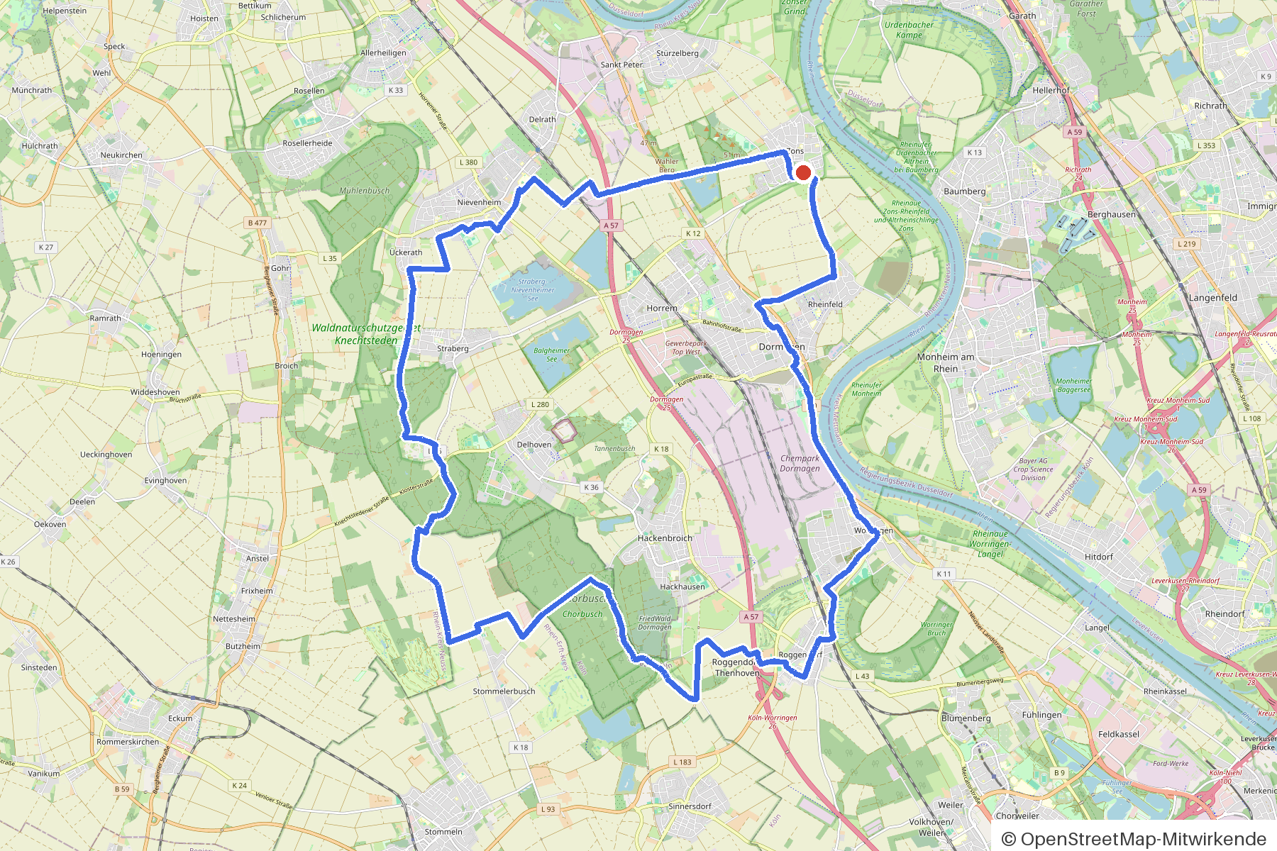 Kartenbild der Rundtour Dormagen, Rheinschiene und Zons: Routenverlauf ab Dormagen