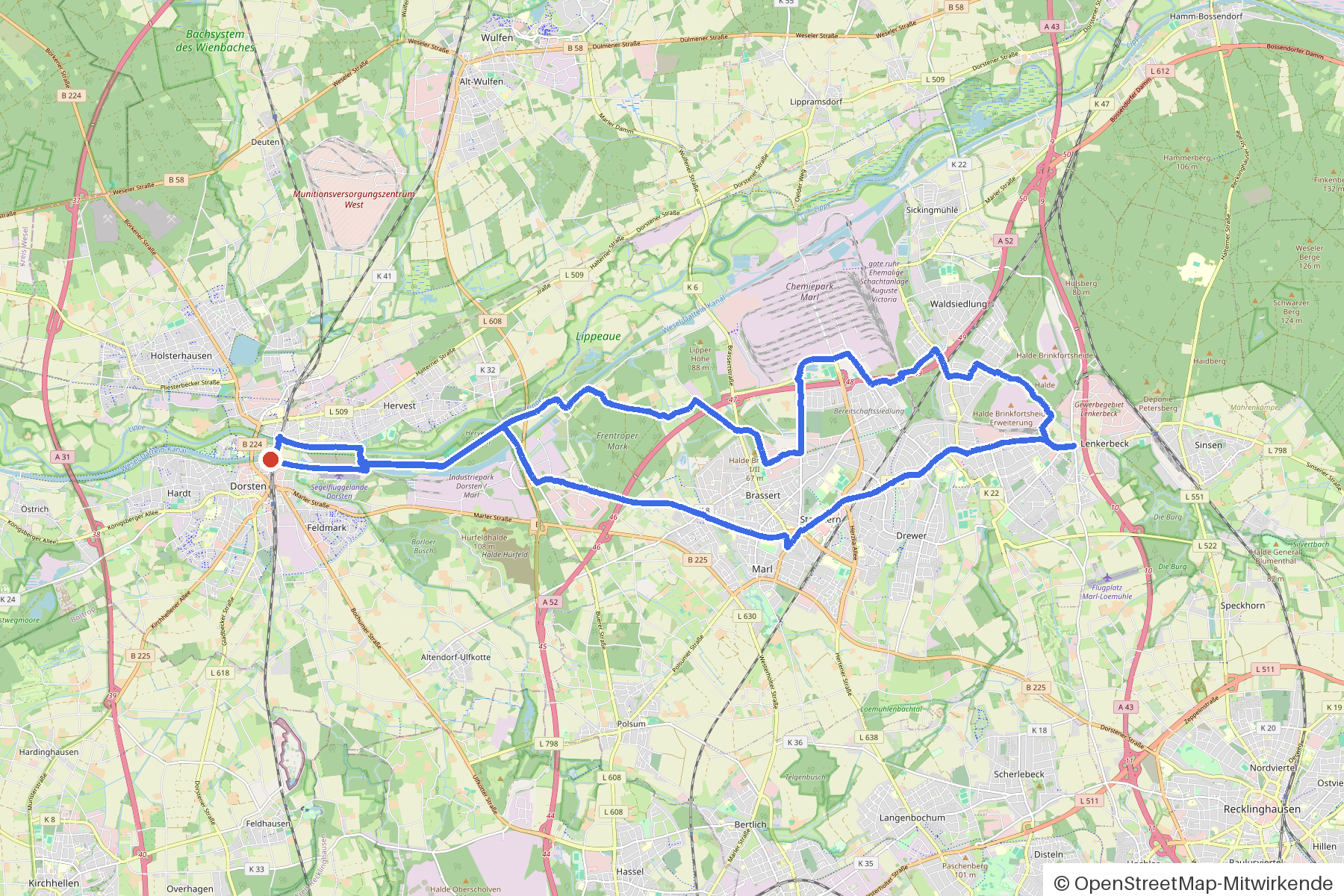 Kartenbild der Rundtour Dorsten, Kanal und Lippe: Routenverlauf ab Dorsten