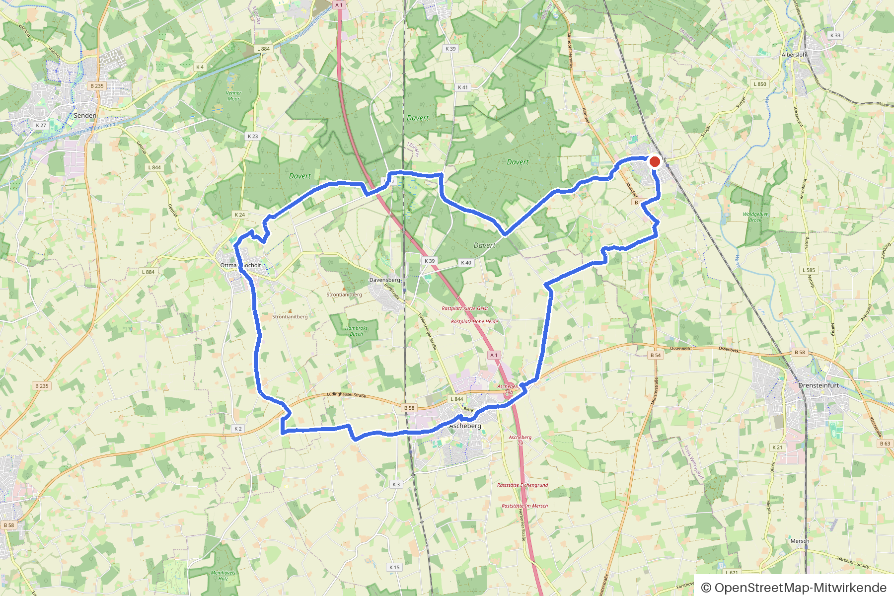 Kartenbild der Rundtour Drensteinfurt, Werse und Allee: Routenverlauf ab Drensteinfurt