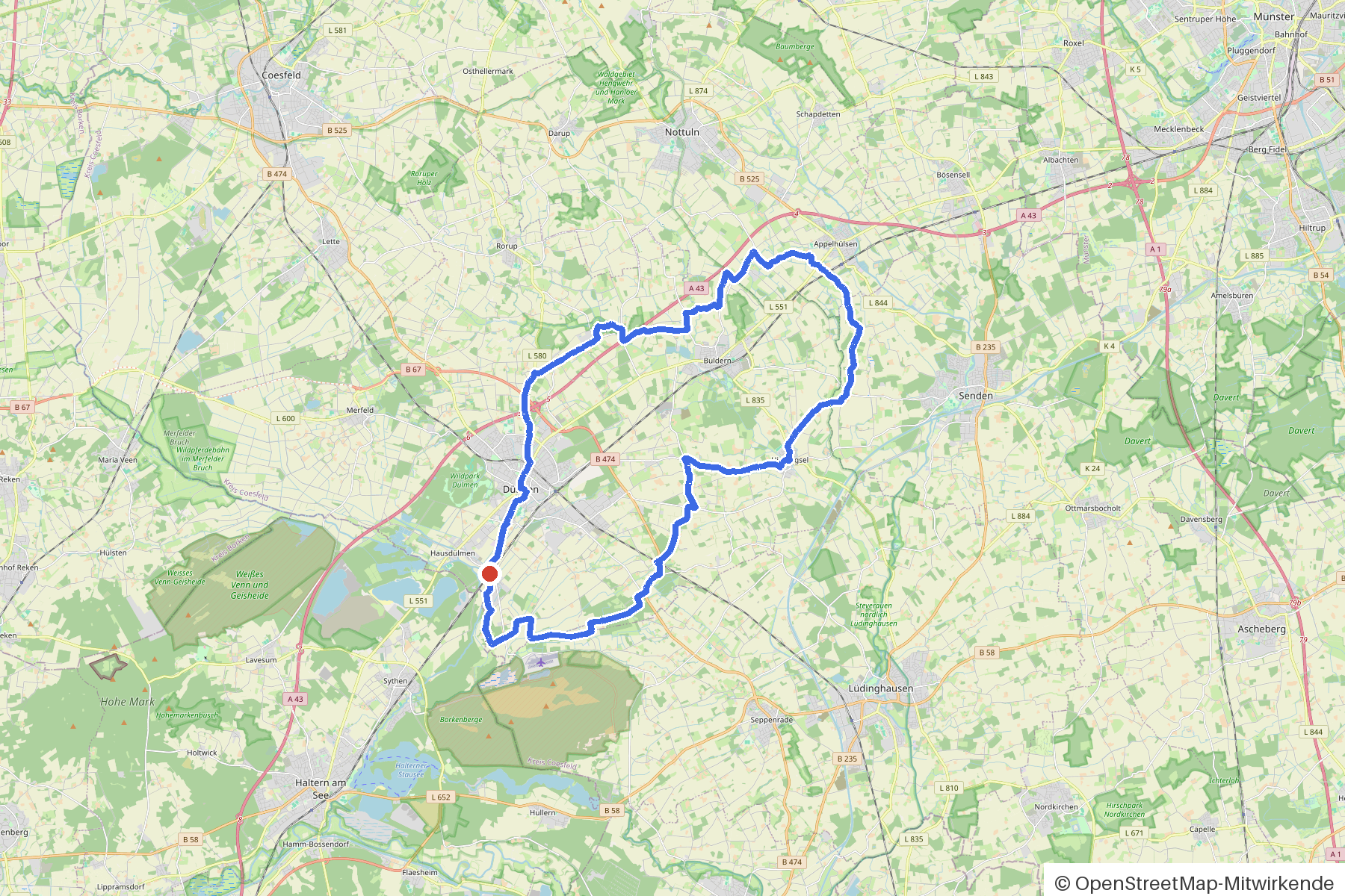 Kartenbild der Rundtour Dülmen, Karthaus, Buldern — 47 Kilometer: Routenverlauf ab Duelmen