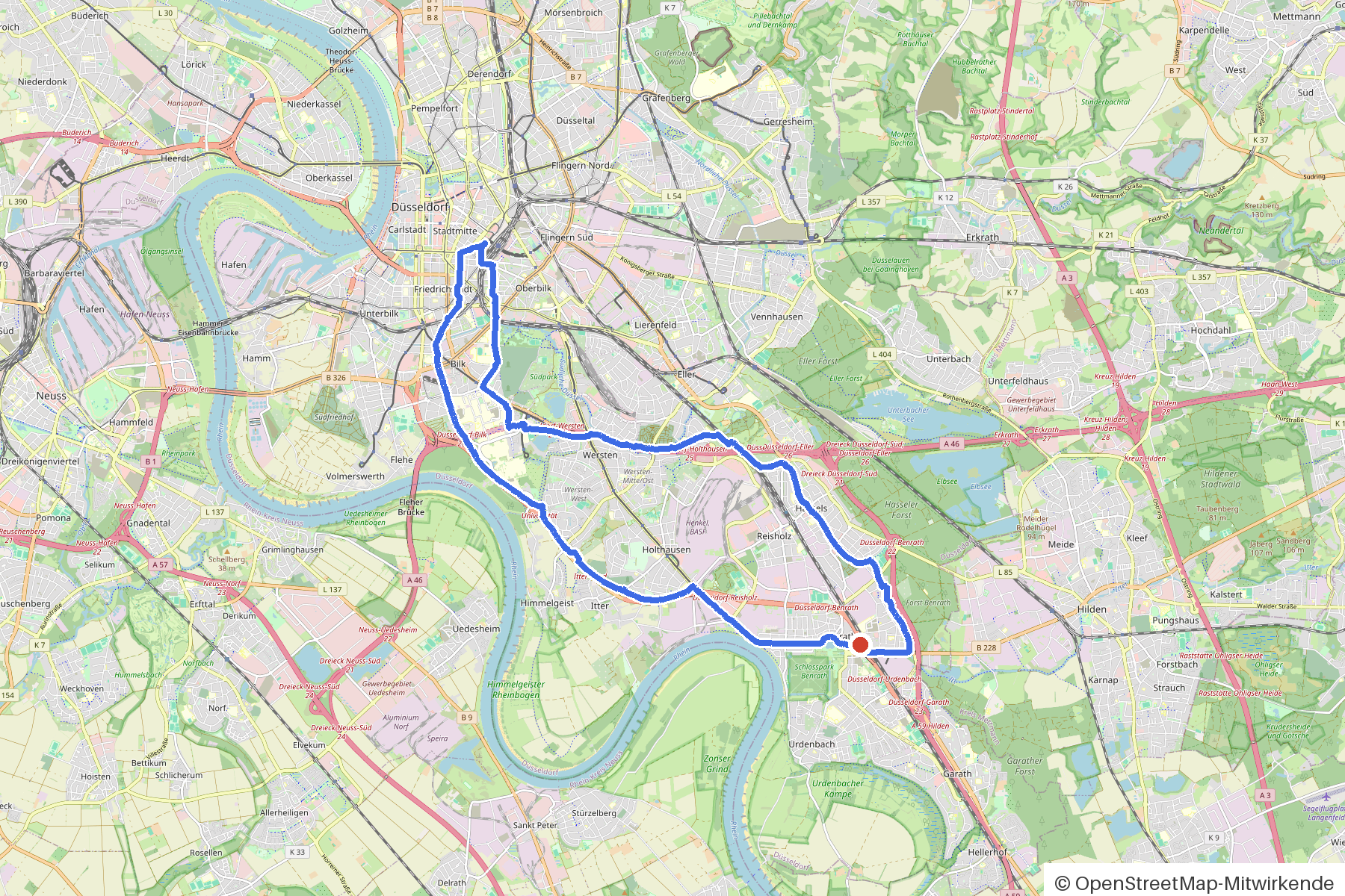 Kartenbild der Rundtour Düsseldorf, Benrath und Schloss: Routenverlauf ab Duesseldorf
