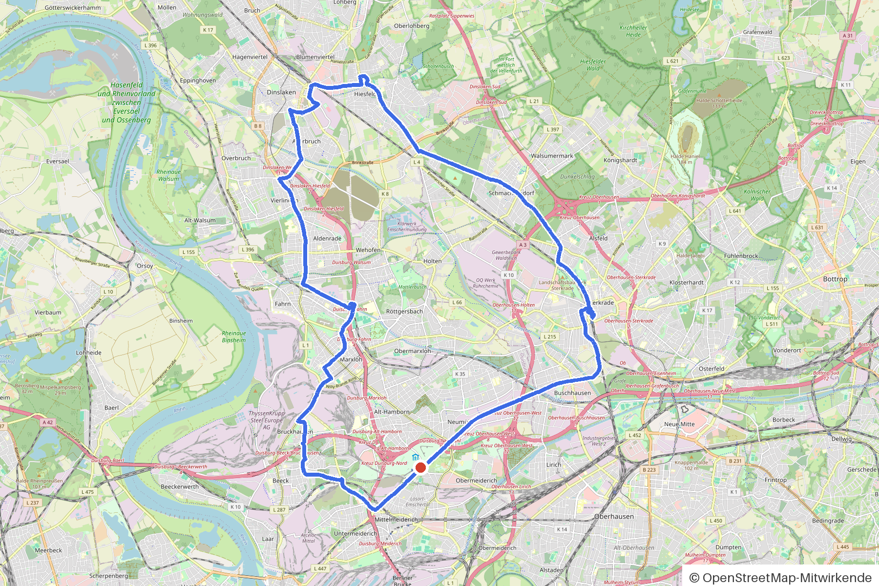 Kartenbild der Rundtour Duisburg, Emscher und Rotbach: Routenverlauf ab Duisburg