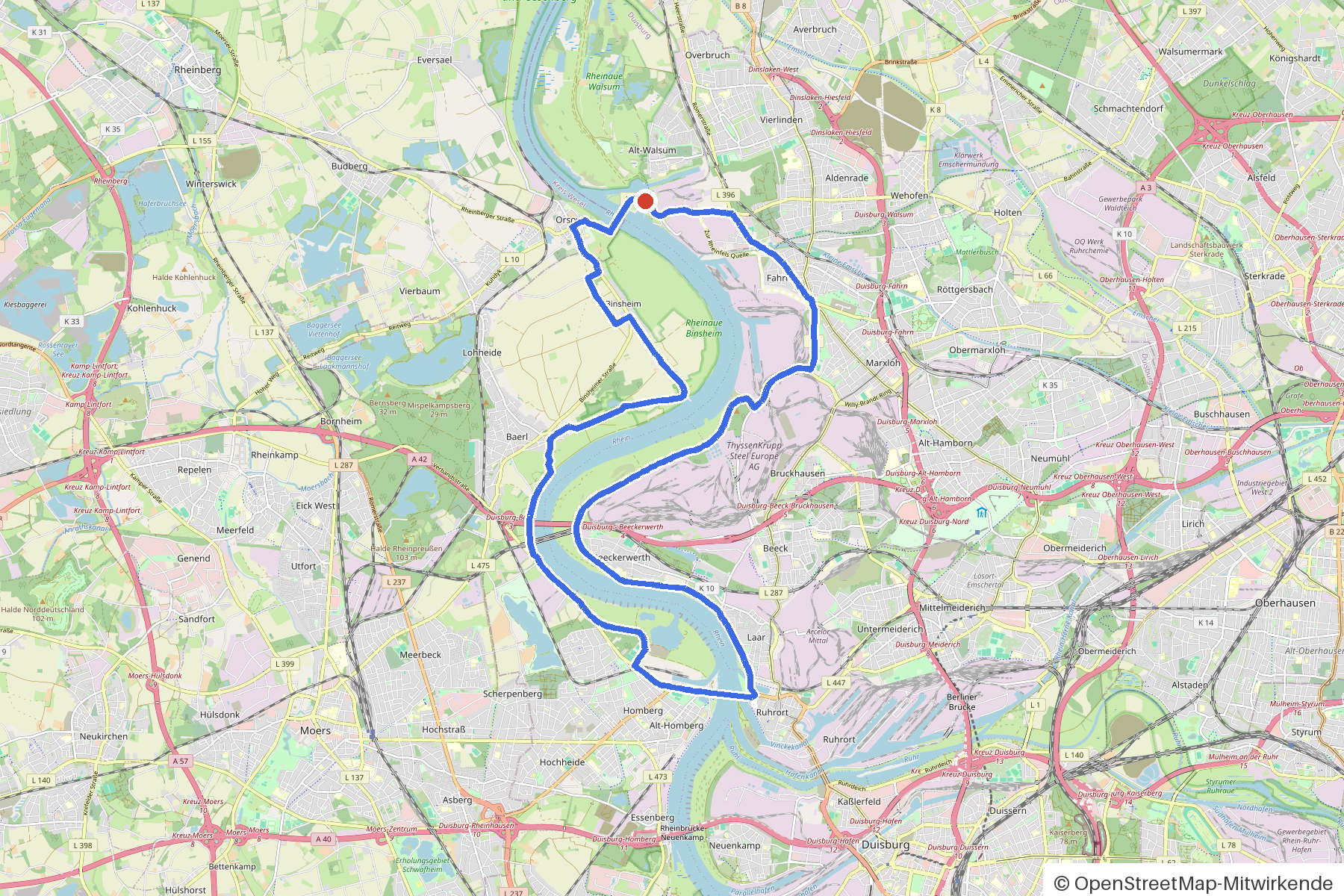 Kartenbild der Rundtour Duisburg, Rhein und Orsoy: Routenverlauf ab Duisburg