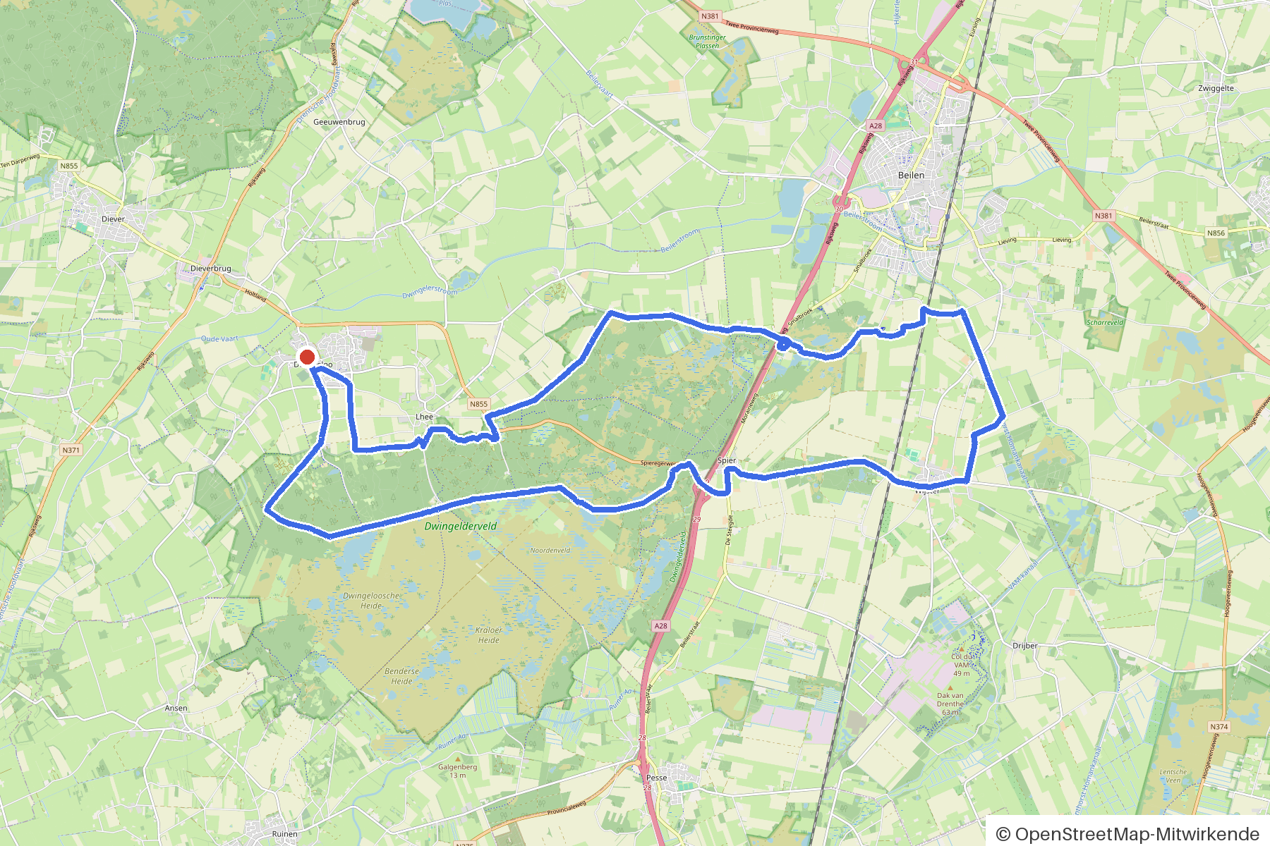 Kaartbeeld van het rondje Dwingeloo, Dwingelderveld en Laan: routeverloop vanaf Dwingeloo