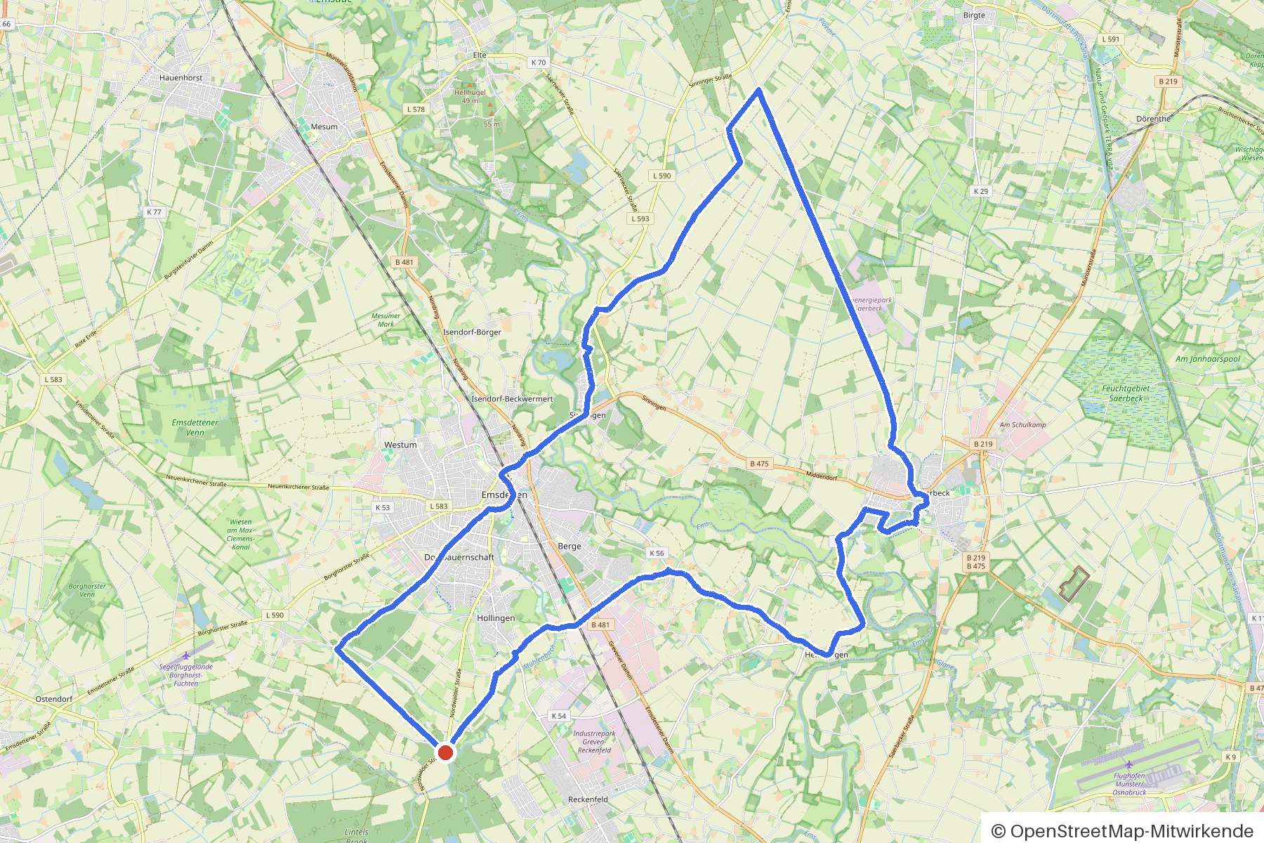 Kartenbild der Rundtour Emsdetten, Brücken und Allee: Routenverlauf ab Emsdetten
