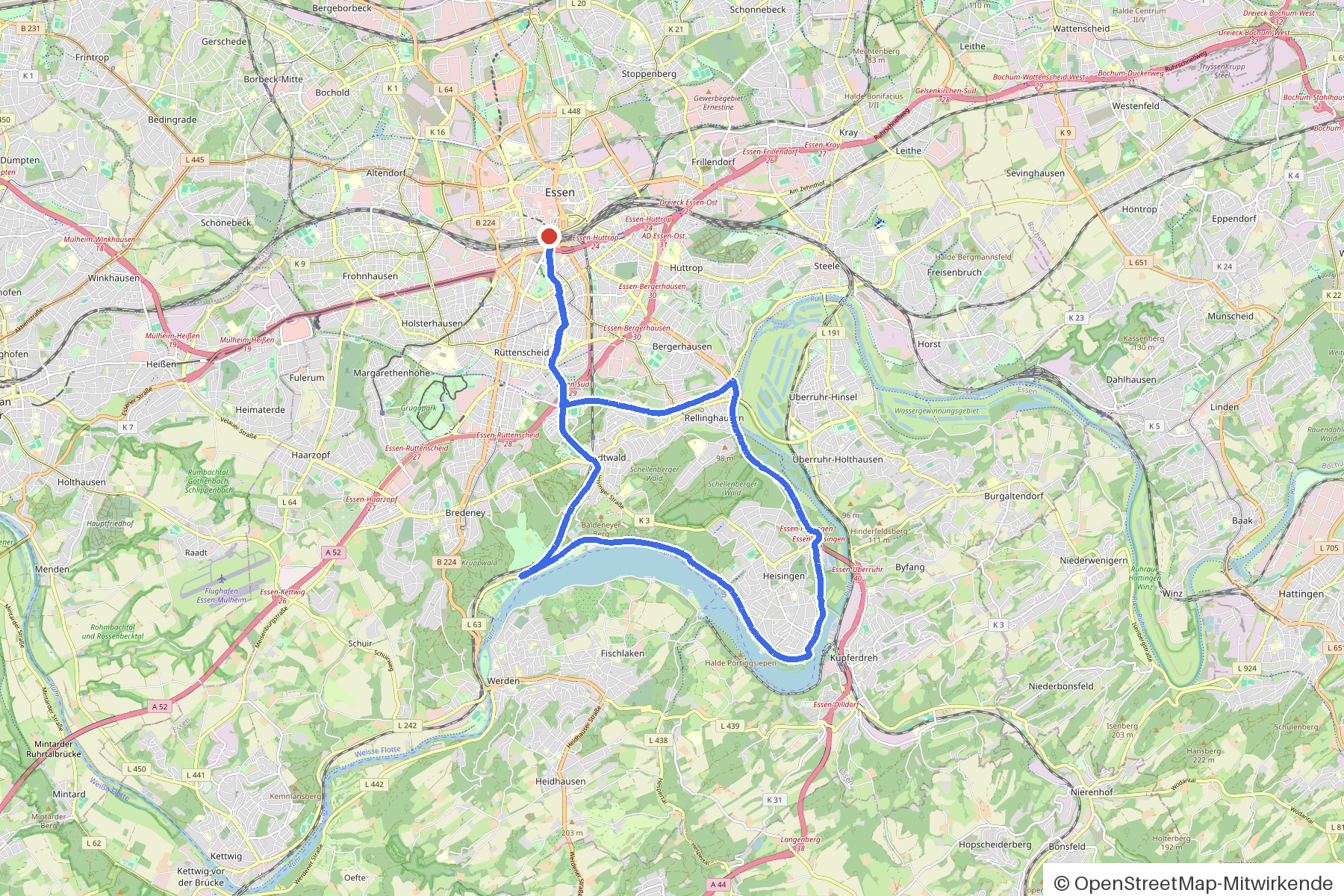 Kartenbild der Rundtour Essen, Schloss Baldeney und Aussichtspunkte: Routenverlauf ab Essen