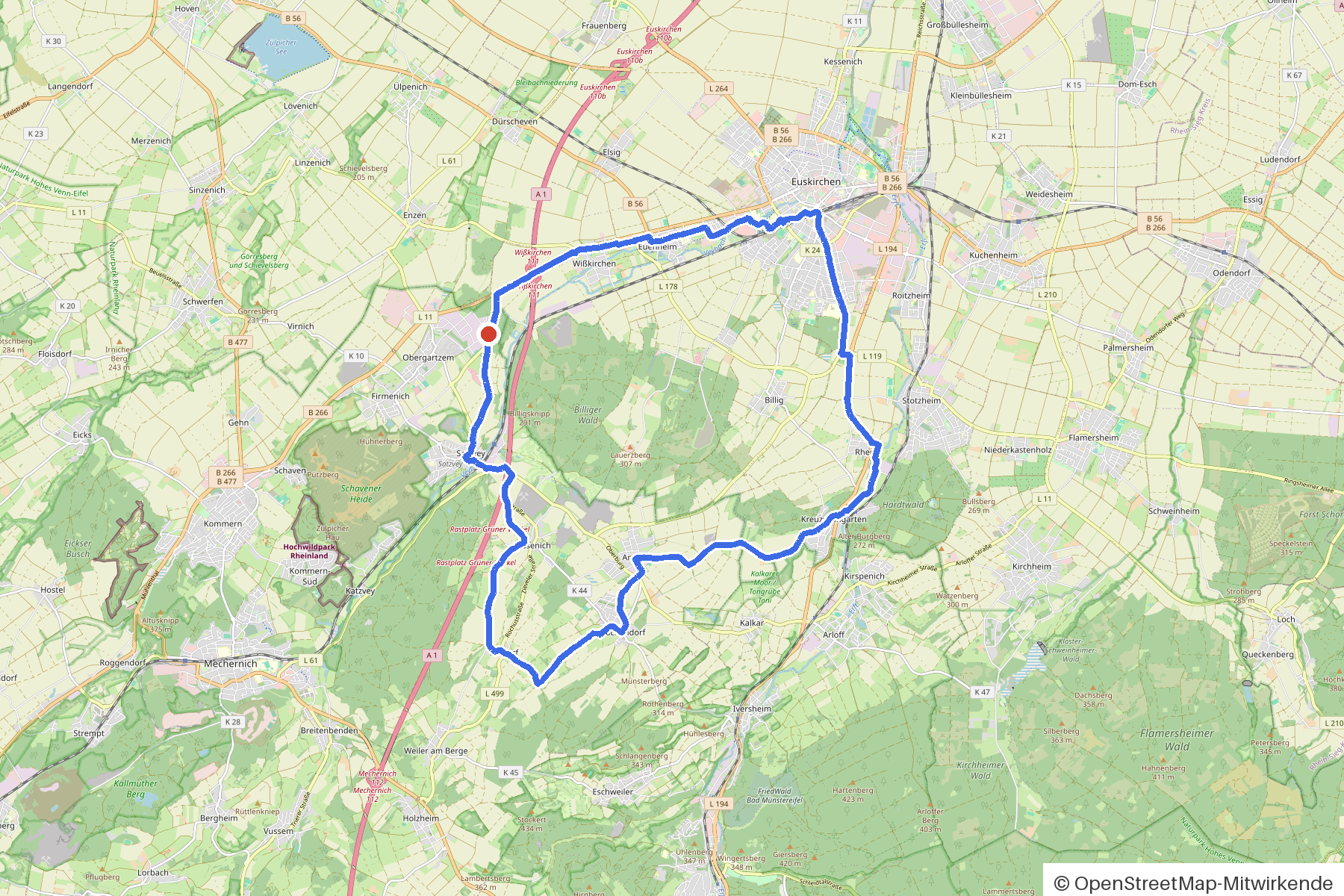 Kartenbild der Rundtour Euskirchen Süd, Burgen und Bäche: Routenverlauf ab Euskirchen