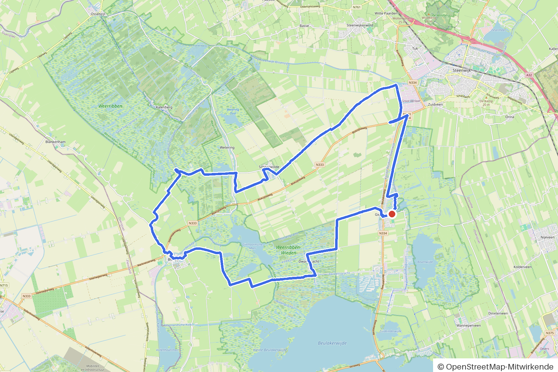 Kaartbeeld van het rondje Giethoorn, Weerribben en molens: routeverloop vanaf Giethoorn