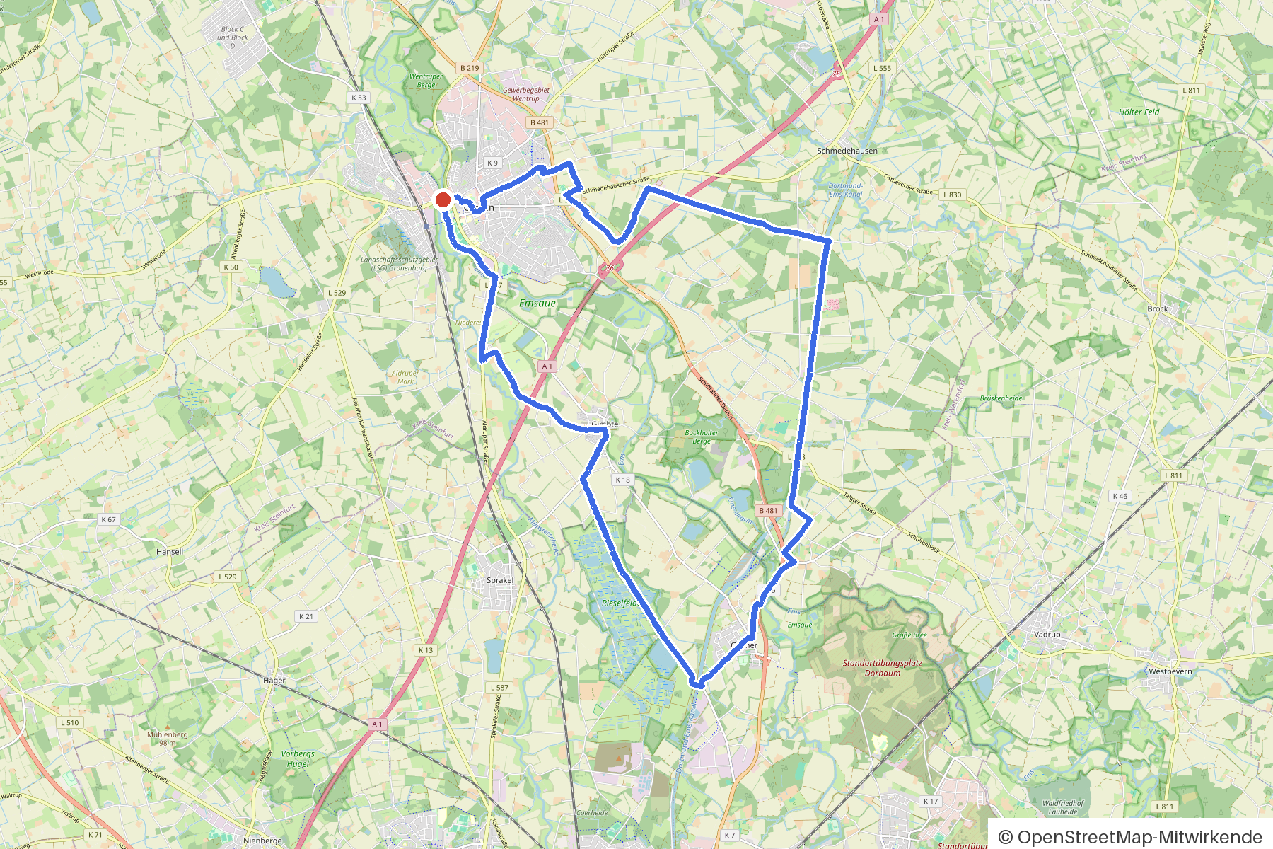 Map of the loop Greven, Ems and Dortmund-Ems-Kanal: route from Greven