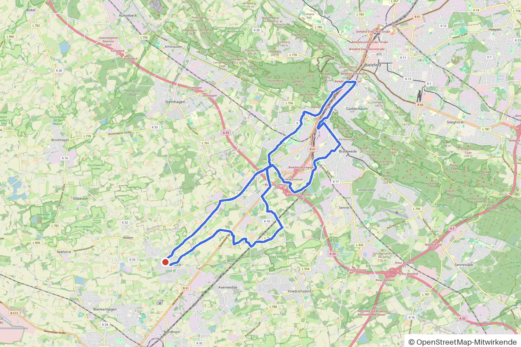 Kartenbild der Rundtour Gütersloh, Lutter und Sunderbach: Routenverlauf ab Gütersloh