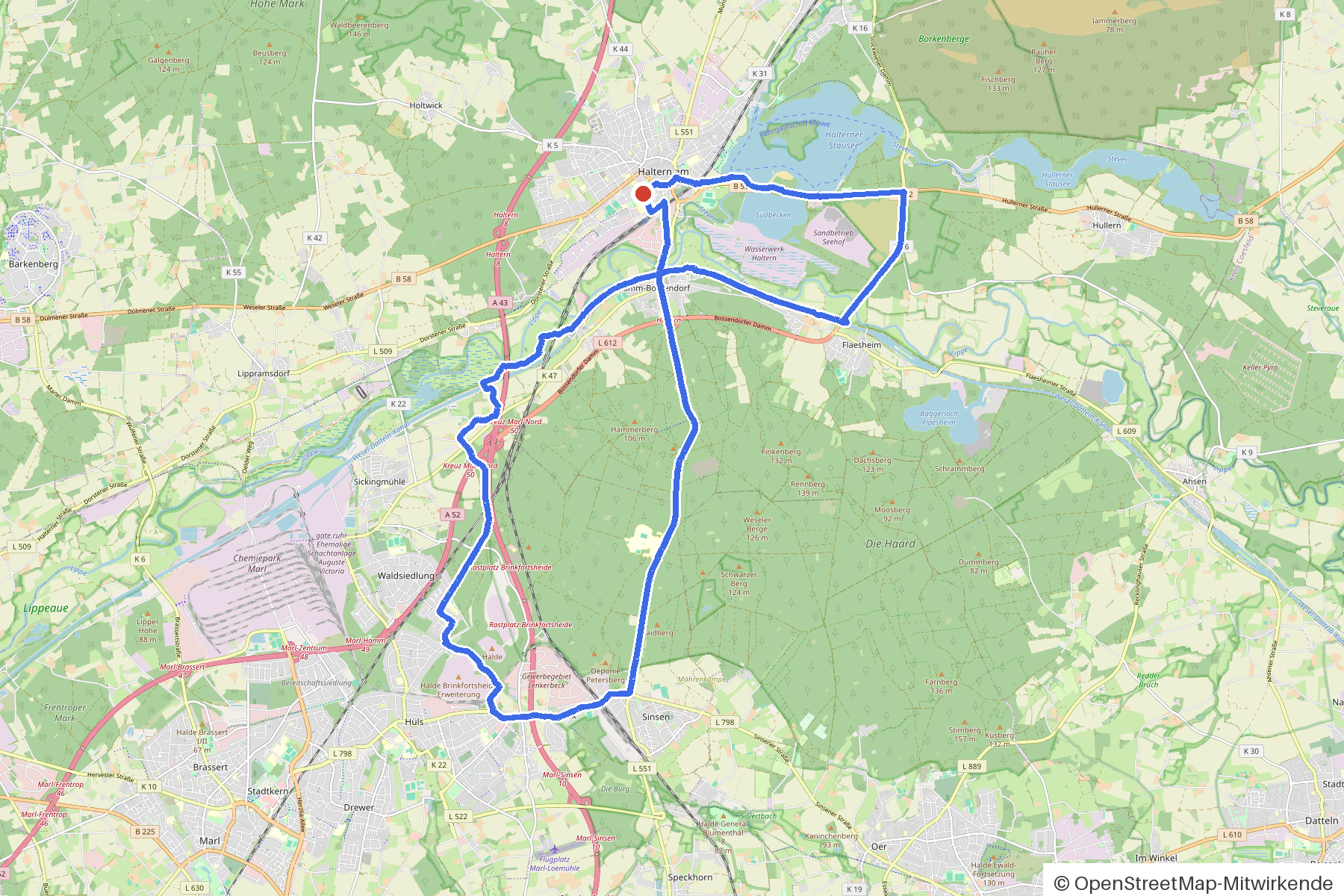 Kartenbild der Rundtour Haltern, Stausee und vier Brücken: Routenverlauf ab Haltern