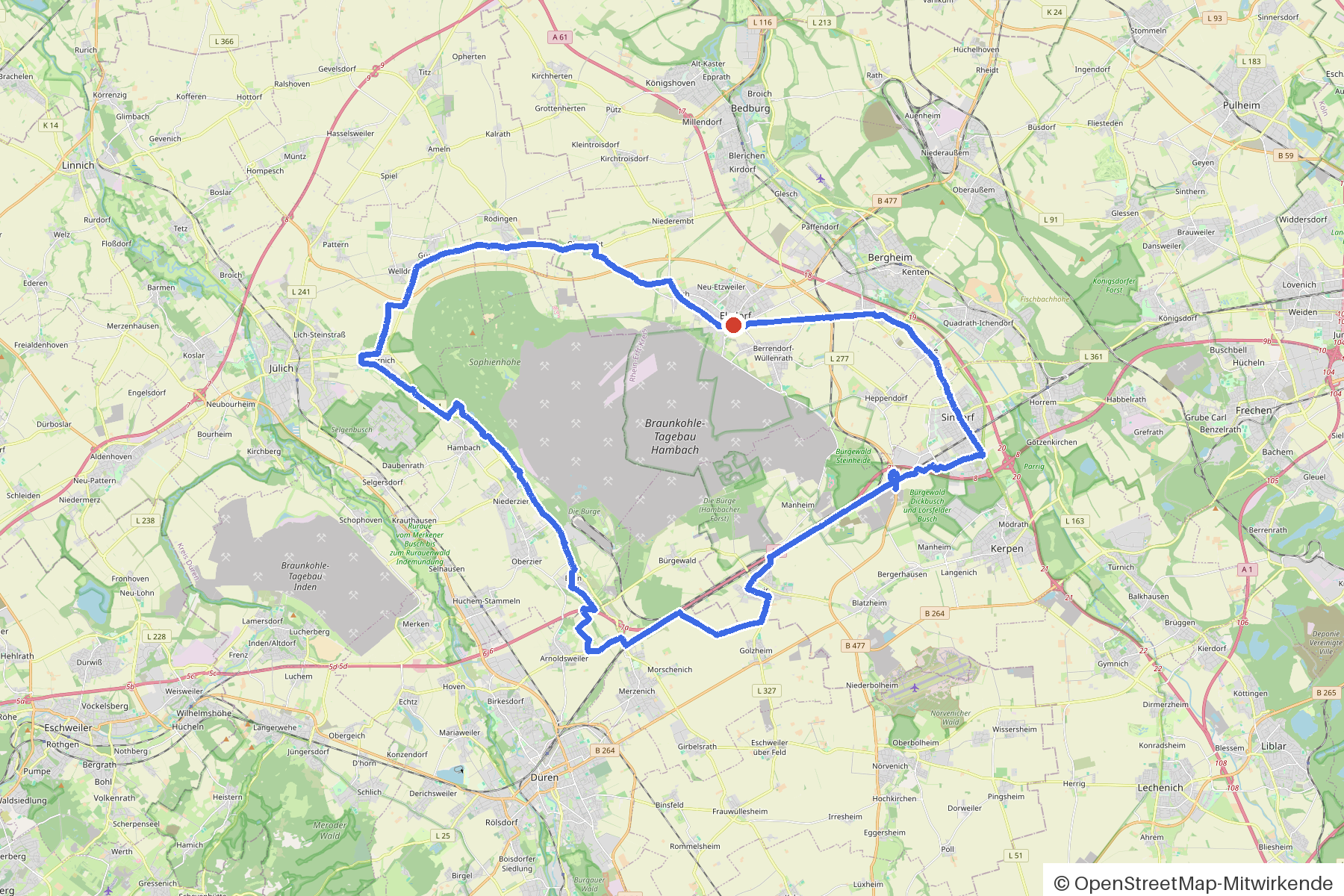 Kartenbild der Rundtour Hambach, Burgen und Ellebach: Routenverlauf ab Hambach