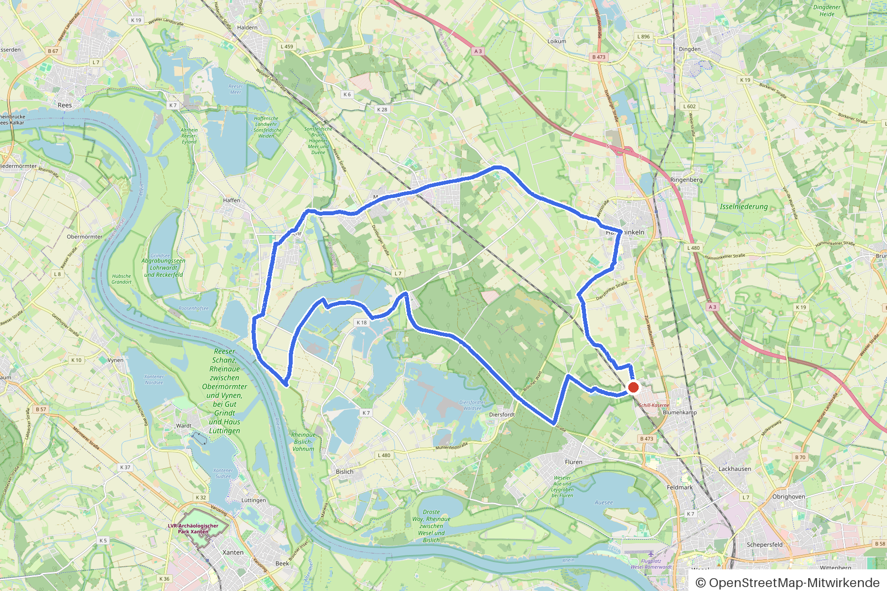 Kartenbild der Rundtour Hamminkeln, Diersfordter Wald und sechs Kirchen: Routenverlauf ab Hamminkeln