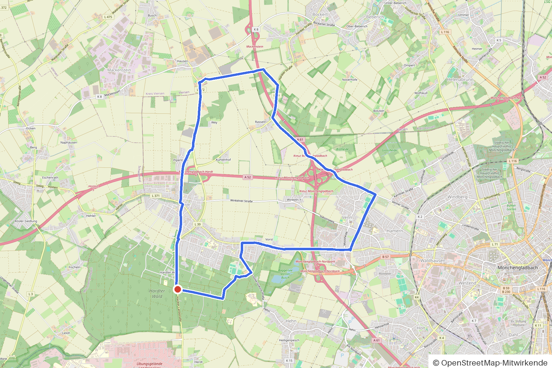Kartenbild der Rundtour Hardter Wald und Kirchen: Routenverlauf ab Hardter
