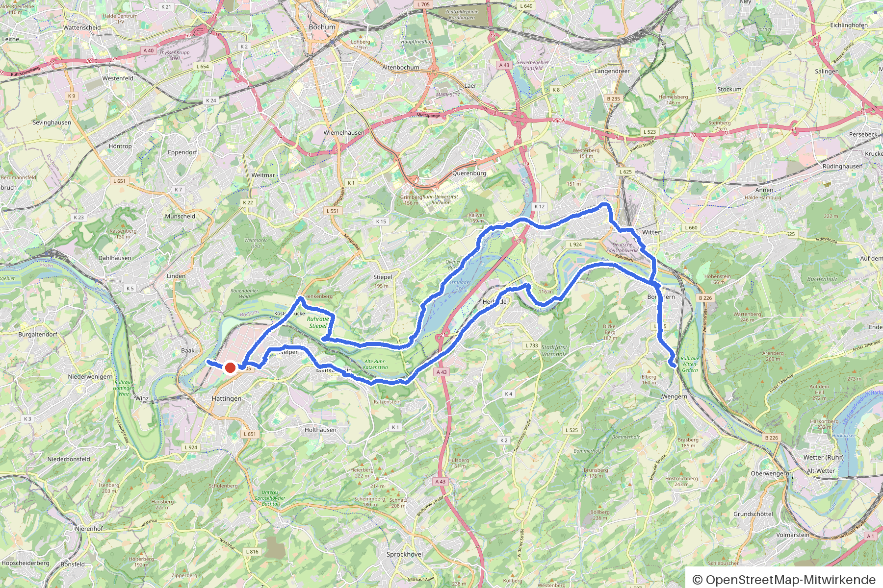 Kartenbild der Rundtour Hattingen, Ruhr und Industriemuseen: Routenverlauf ab Hattingen