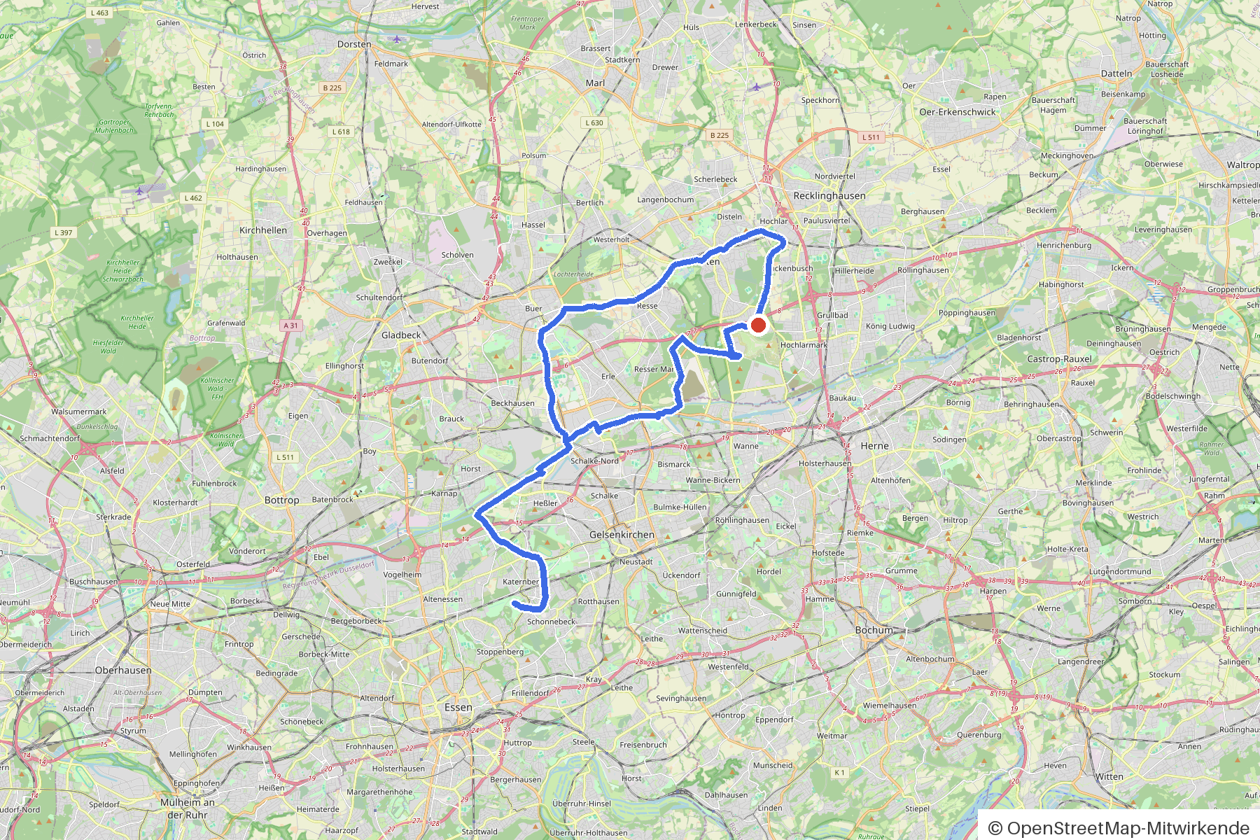 Kartenbild der Rundtour Herten, Emscher und Rhein-Herne-Kanal: Routenverlauf ab Herten