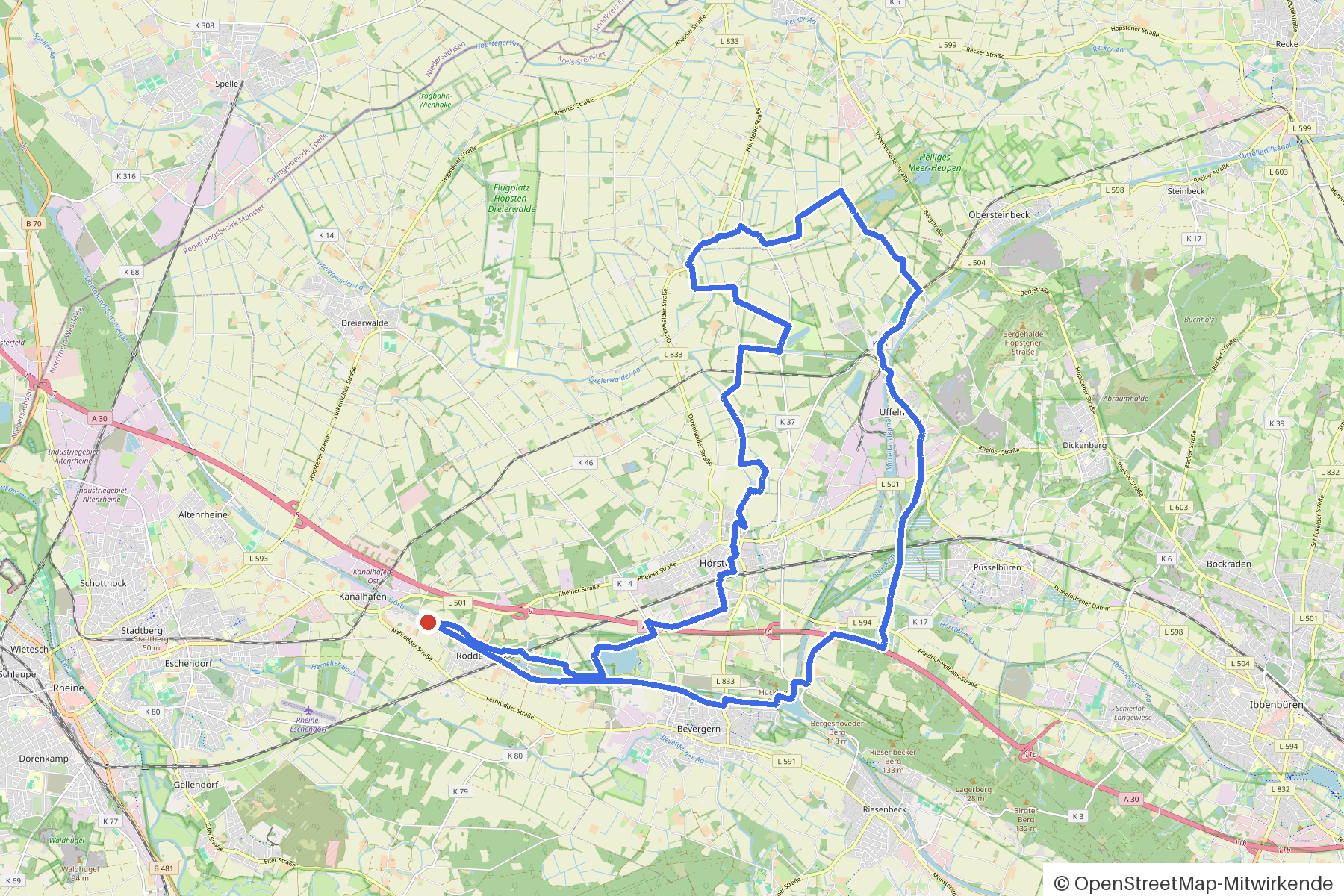 Kartenbild der Rundtour Hoerstel, Kanaele und Muehlen: Routenverlauf ab Hoerstel