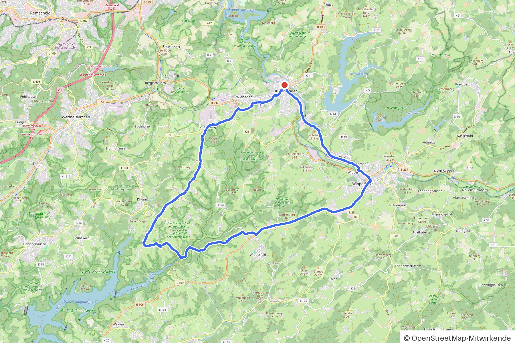 Kartenbild der Rundtour Hückeswagen, Wupper und Schloss: Routenverlauf ab Hückeswagen