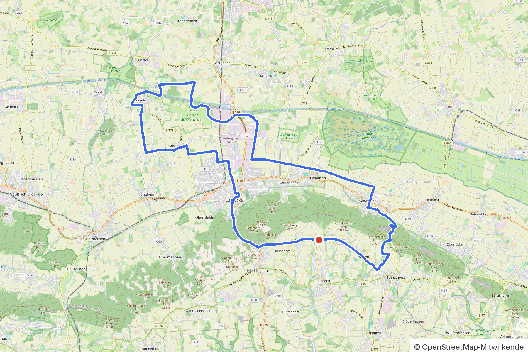 Map of the loop Hüllhorst, Mittellandkanal and Wiehengebirge: route from Hüllhorst