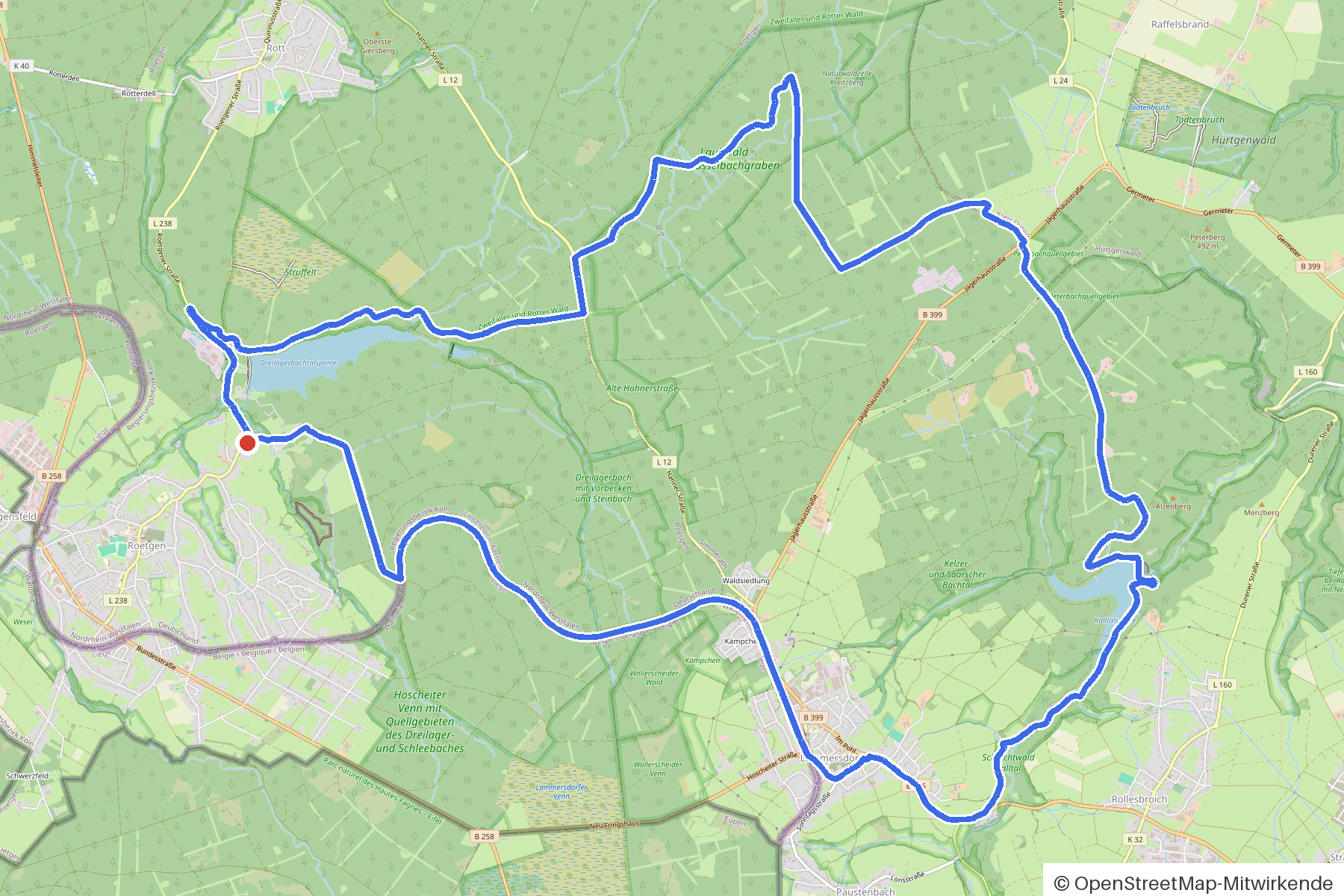 Kartenbild der Rundtour Hürtgenwald, Lammersdorf und vier Brücken: Routenverlauf ab Huertgenwald