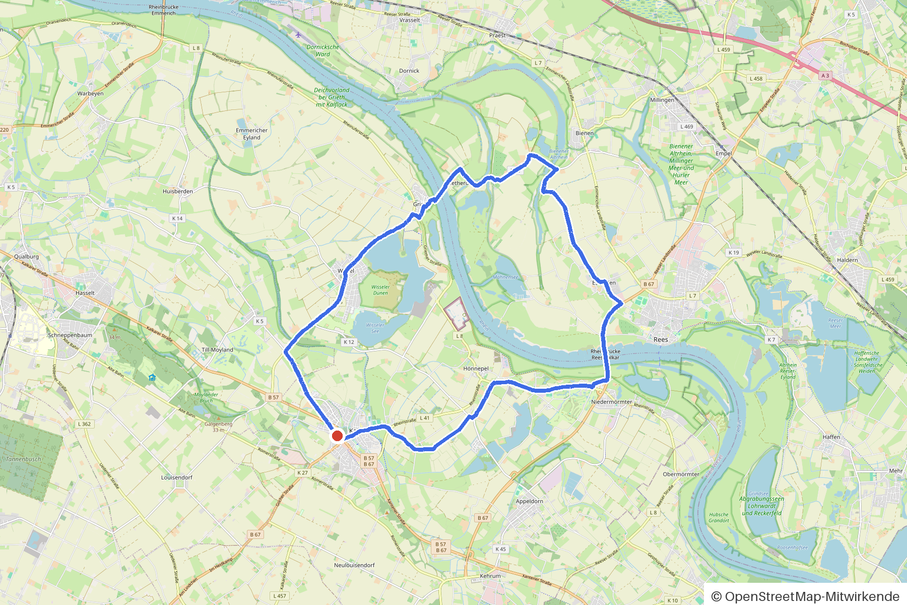 Kartenbild der Rundtour Kalkar, Grieth und Rheindeich: Routenverlauf ab Kalkar