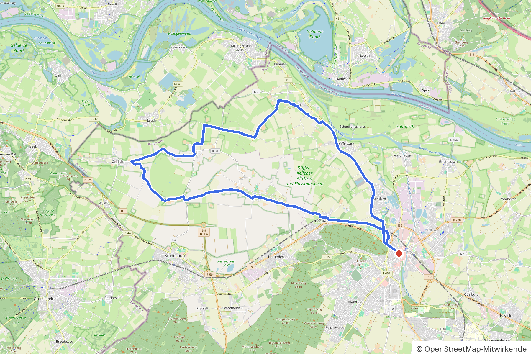 Kartenbild der Rundtour Kleve, Parks und Kirchen: Routenverlauf ab Kleve