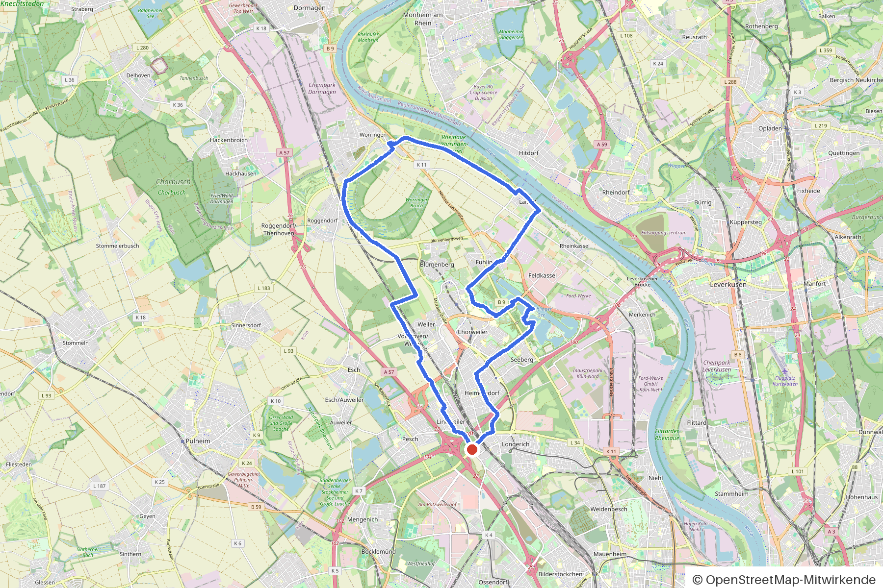 Kartenbild der Rundtour Köln, Pletschbach und drei Kirchen: Routenverlauf ab Koeln