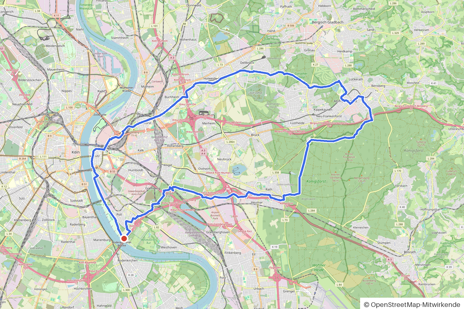 Kartenbild der Rundtour Köln, Königsforst und Bäche: Routenverlauf ab Koeln