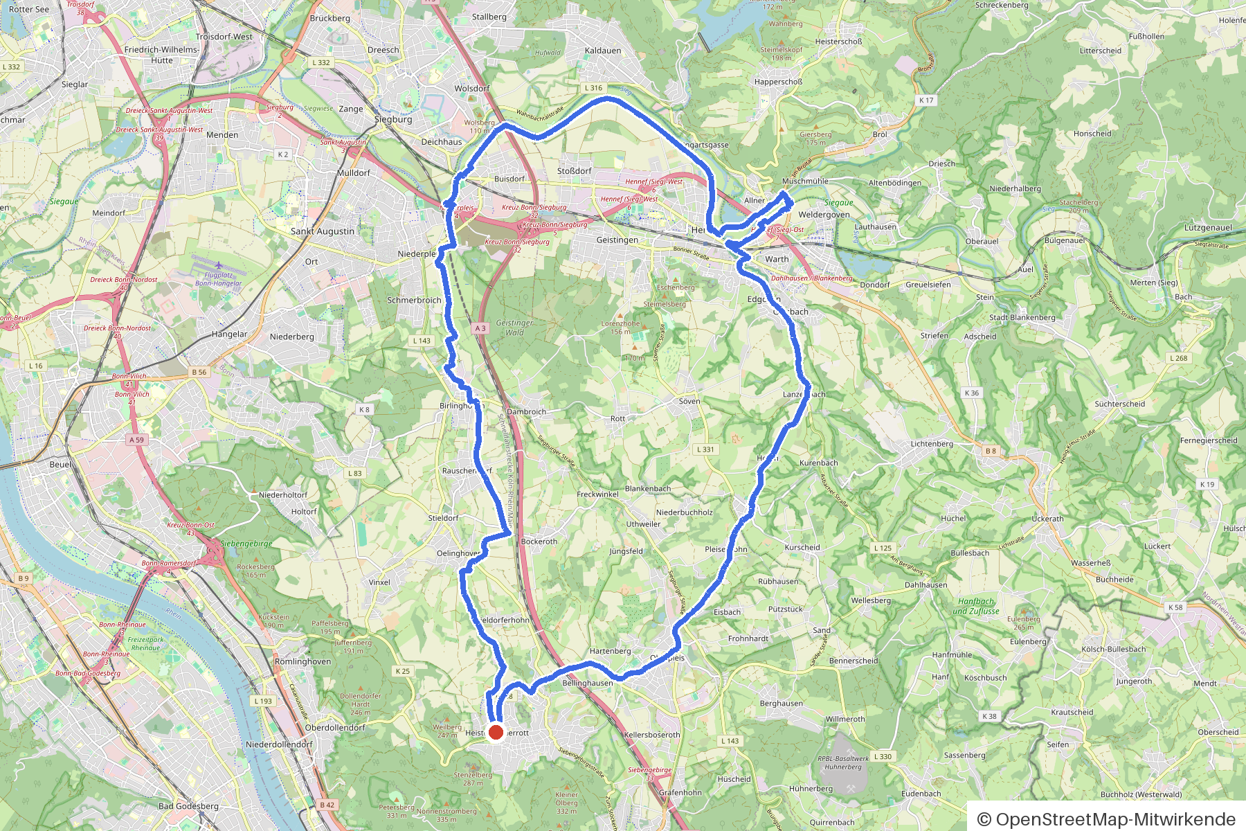 Kartenbild der Rundtour Königswinter, Siegtal und Allee: Routenverlauf ab Koenigswinter