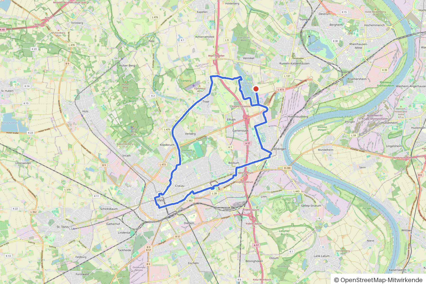 Kartenbild der Rundtour Krefeld, Moerskanal und Allee: Routenverlauf ab Krefeld