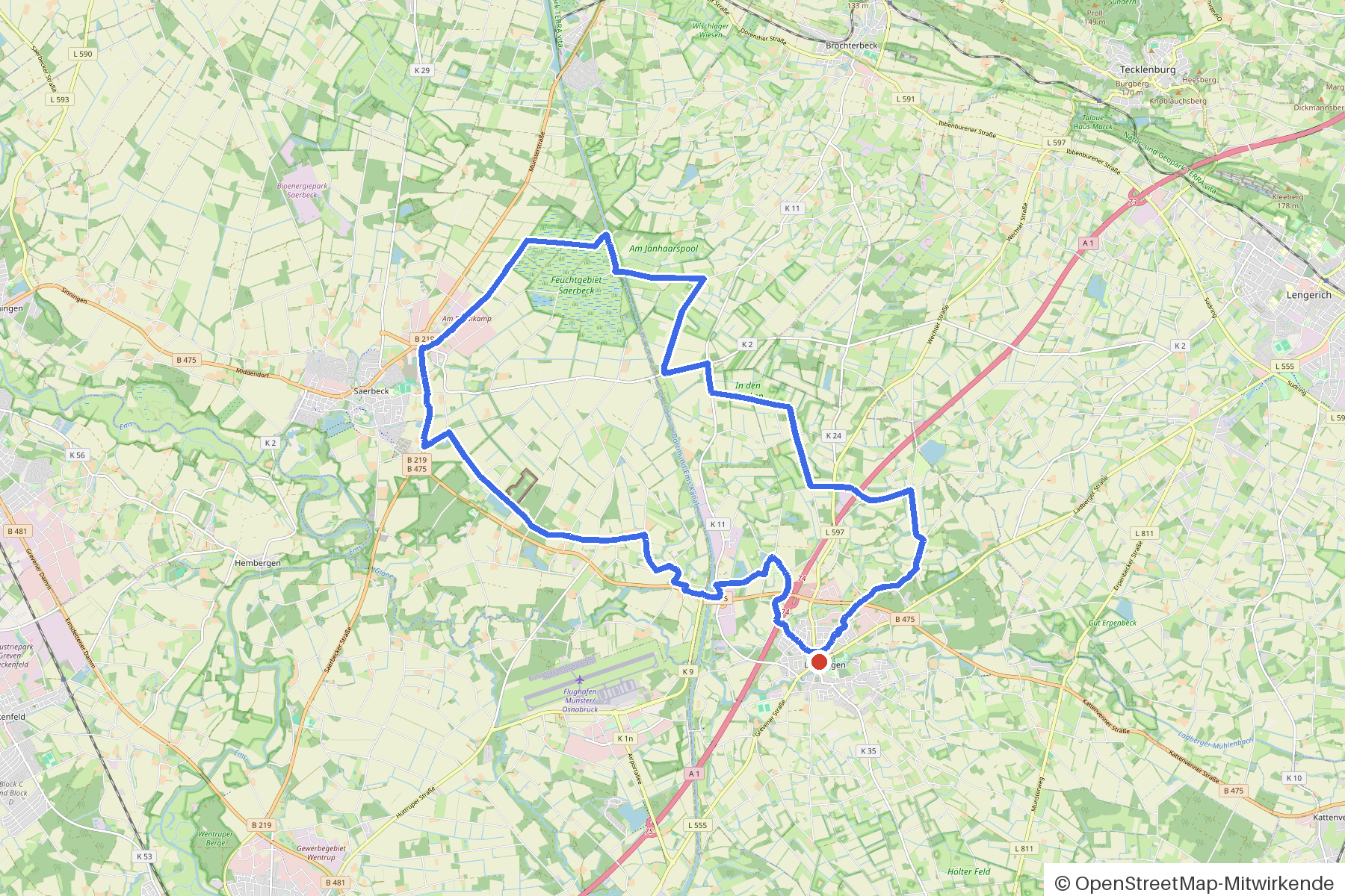 Kartenbild der Rundtour Ladbergen, Wald und Allee: Routenverlauf ab Ladbergen