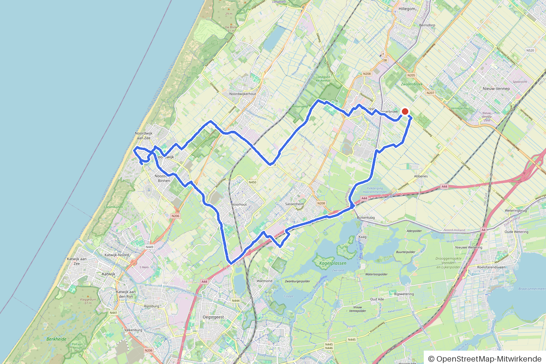 Map of the loop Lisse, Bollenstreek and eight bridges: route from Lisse