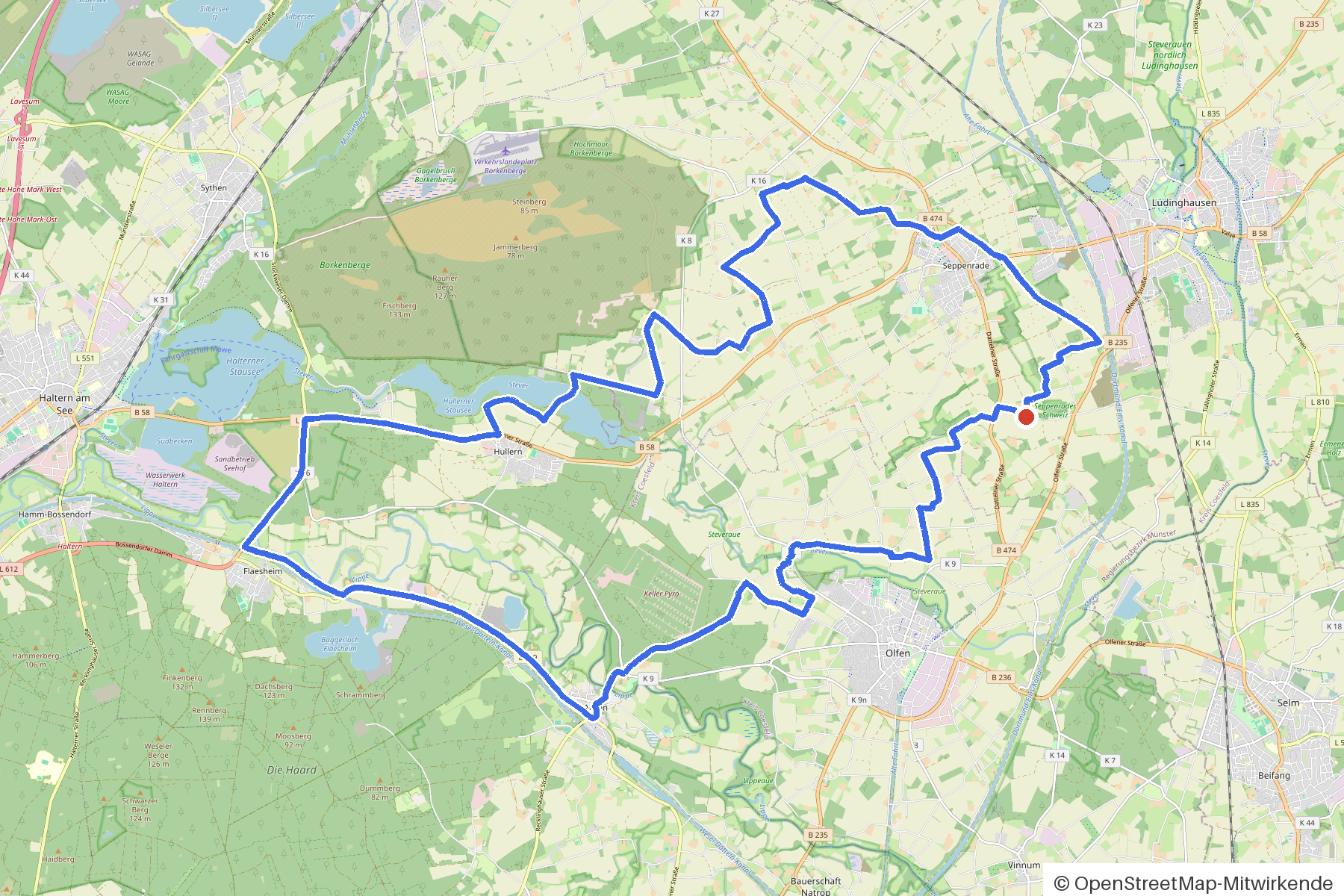 Kartenbild der Rundtour Lüdinghausen, Stever und Lippe: Routenverlauf ab Lüdinghausen