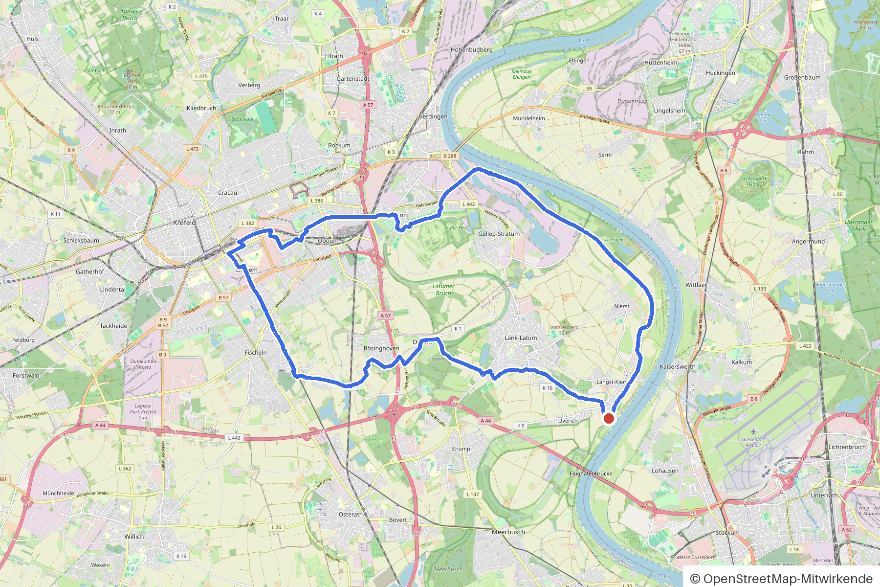 Map of the loop Meerbusch, Linn and Museums: route from Meerbusch