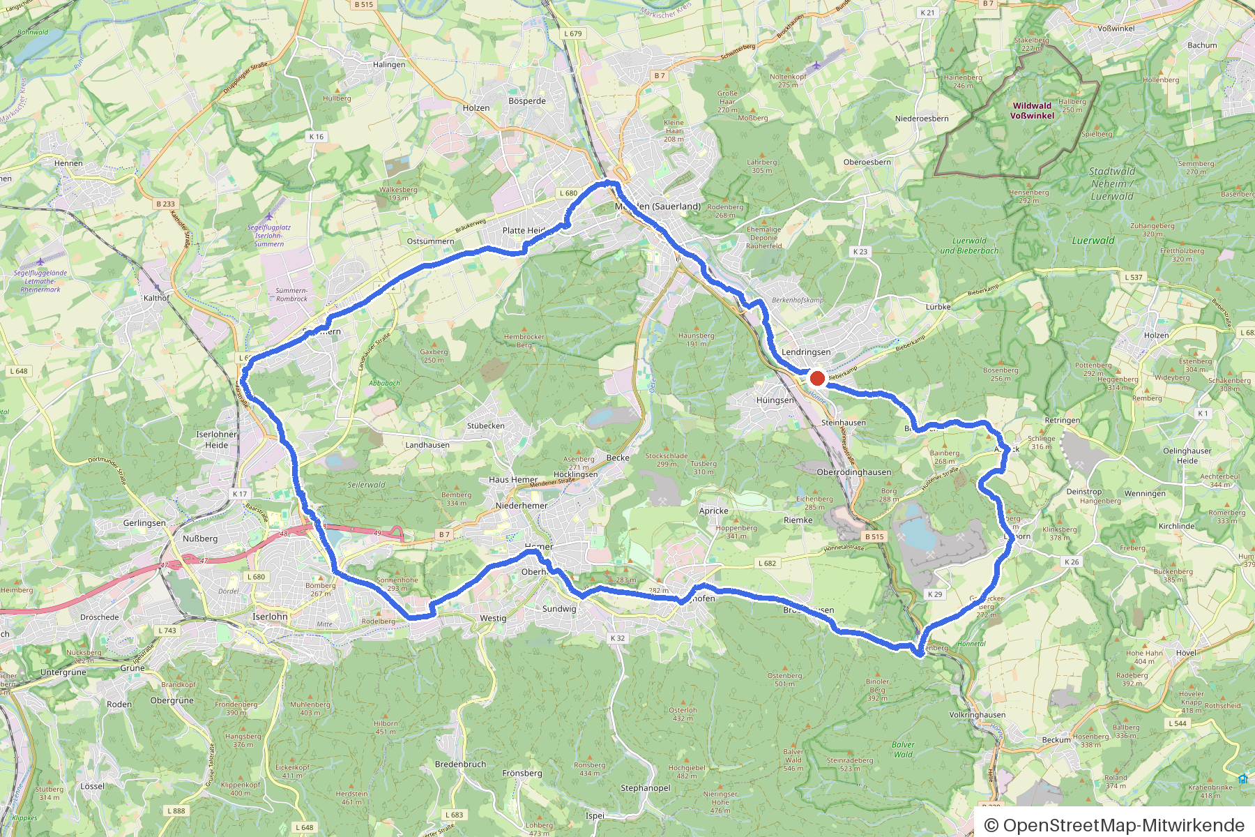 Map of the loop Menden, Hönne Valley and eight bridges: route from Menden