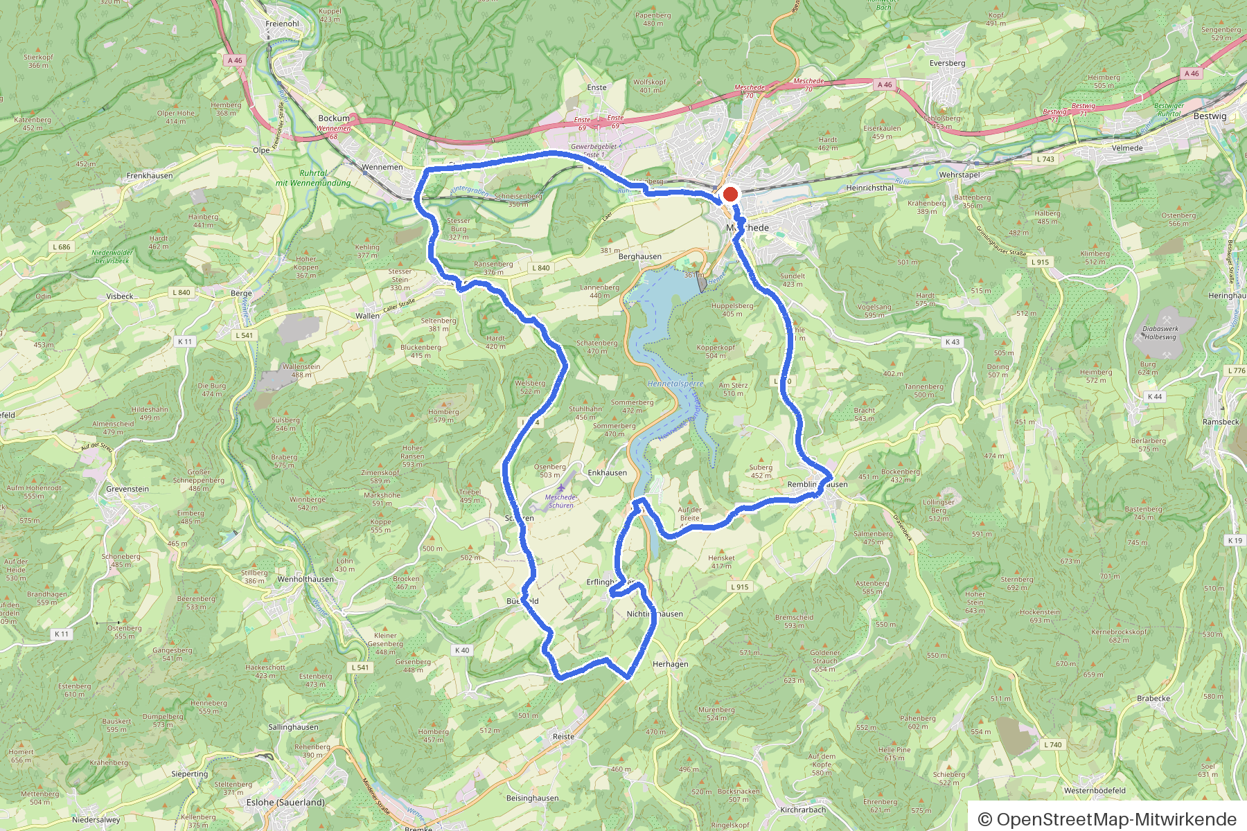 Kartenbild der Rundtour Meschede, Ruhr und Sauerland-Kirchen: Routenverlauf ab Meschede
